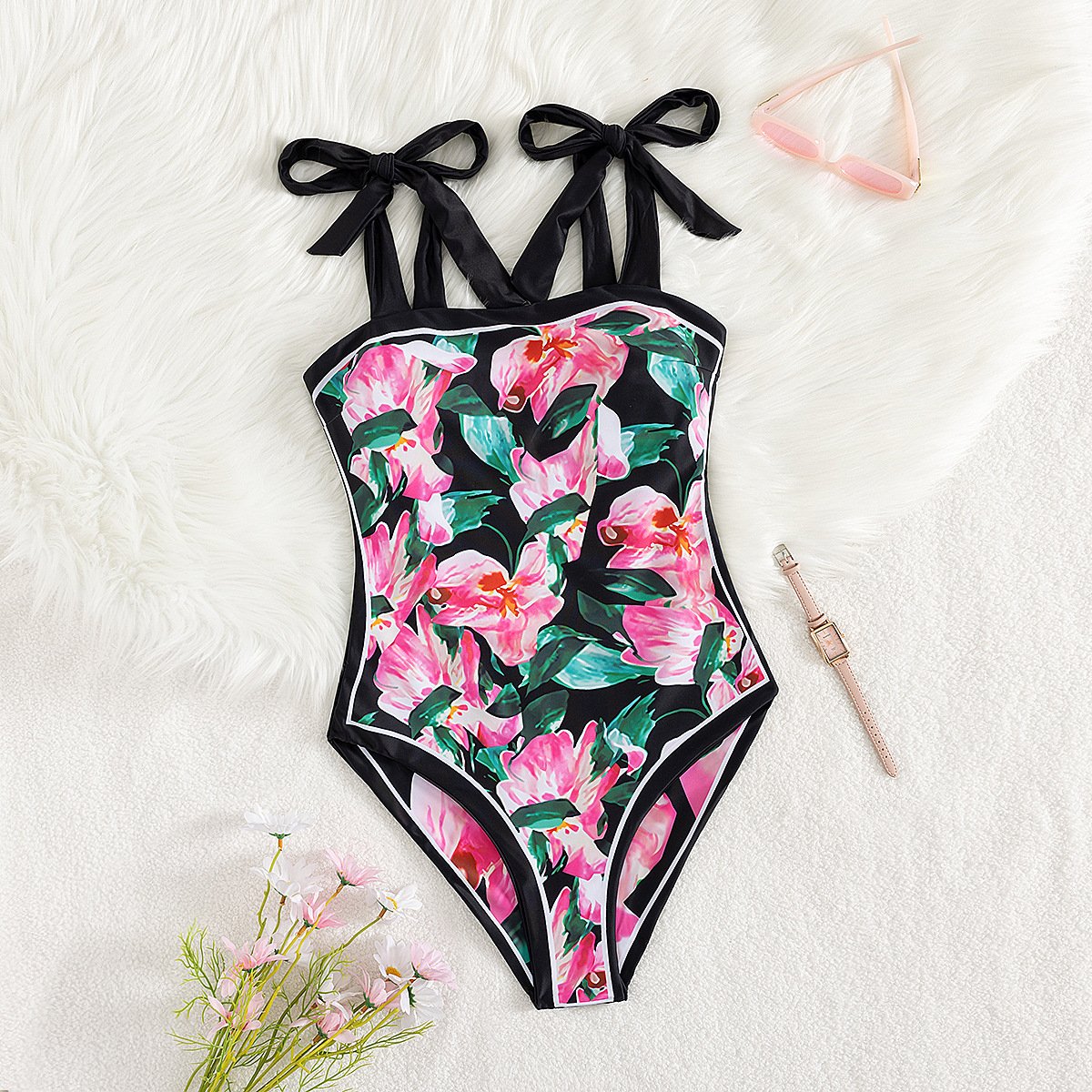 Black Base with Pink Floral and Green Leaves + Black Straps