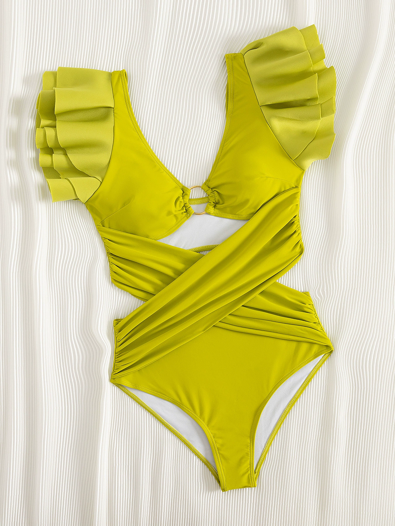 Ruffle Strap One-Piece Swimsuit with Front Ring and Crisscross Waist