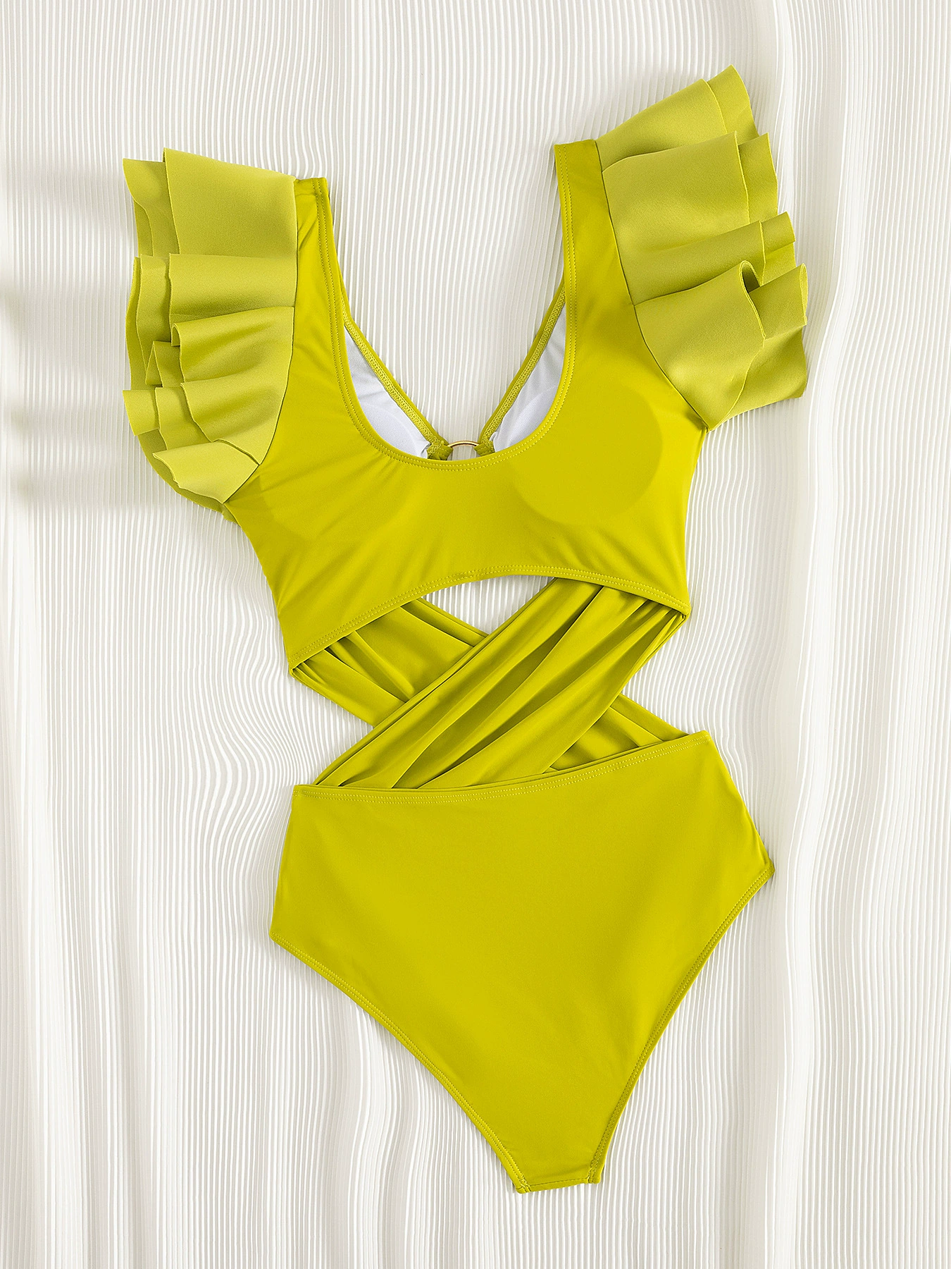 Ruffle Strap One-Piece Swimsuit with Front Ring and Crisscross Waist