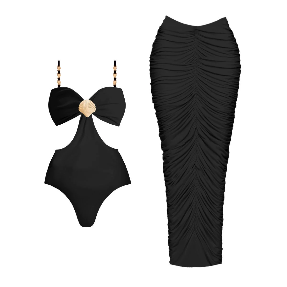 Cutout One-Piece Swimsuit with Ruched Maxi Skirt Set