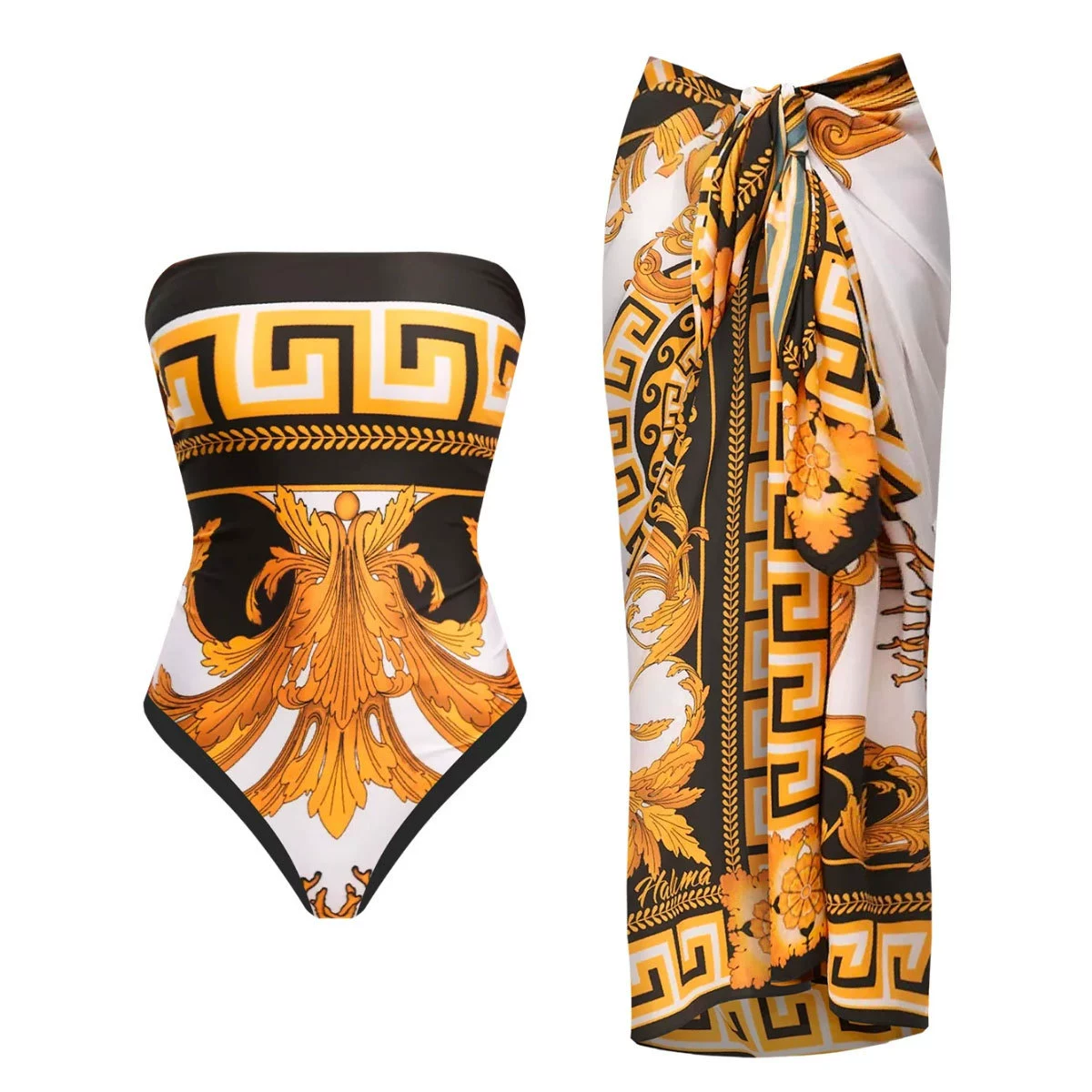 Women’s Convertible Bandeau One-Piece Swimsuit and Sarong Set