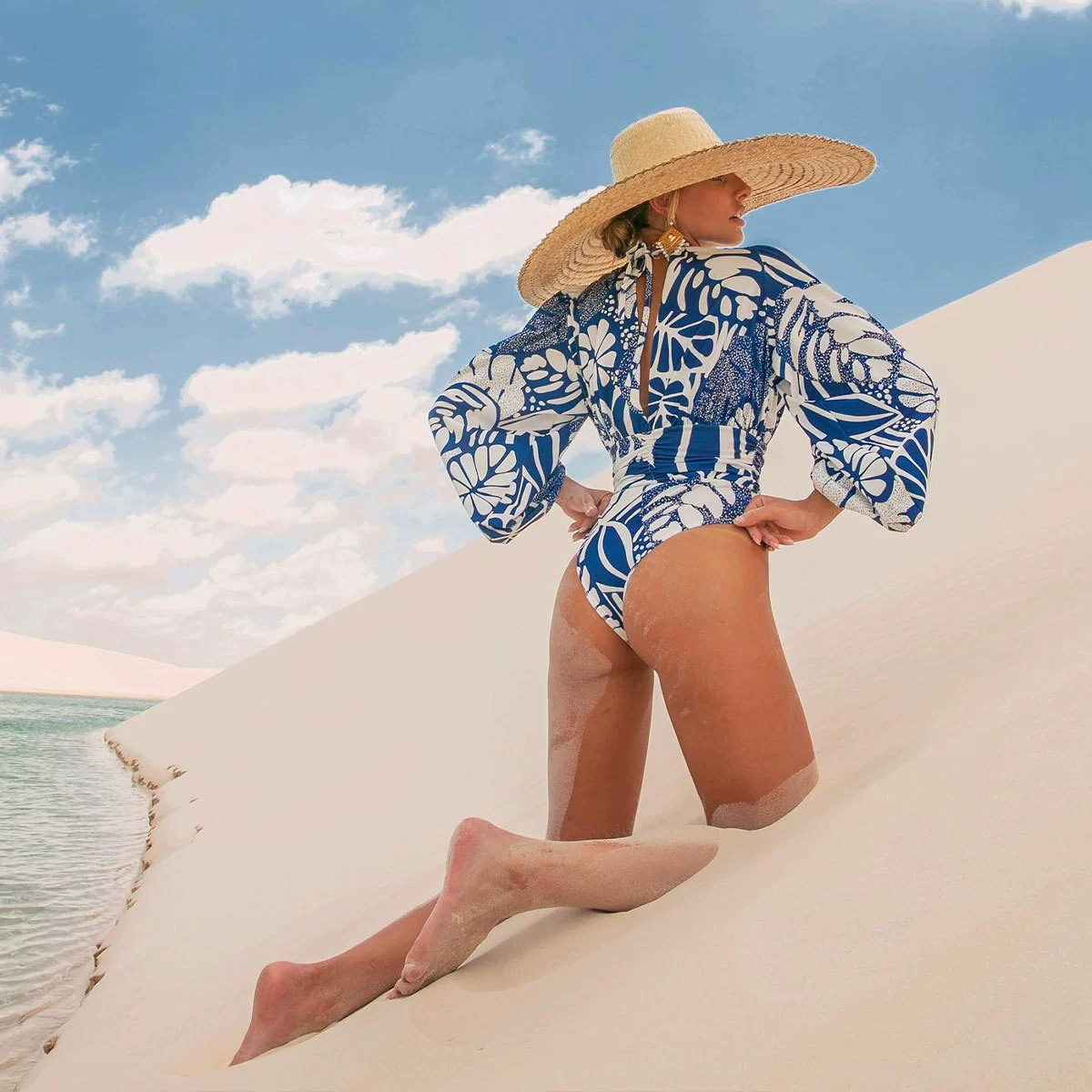 Long Sleeve V-Neck High-Cut One-Piece Swimsuit