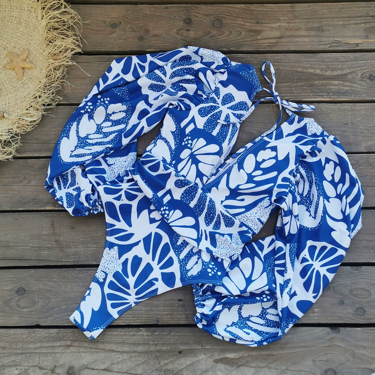 Long Sleeve V-Neck High-Cut One-Piece Swimsuit view 4