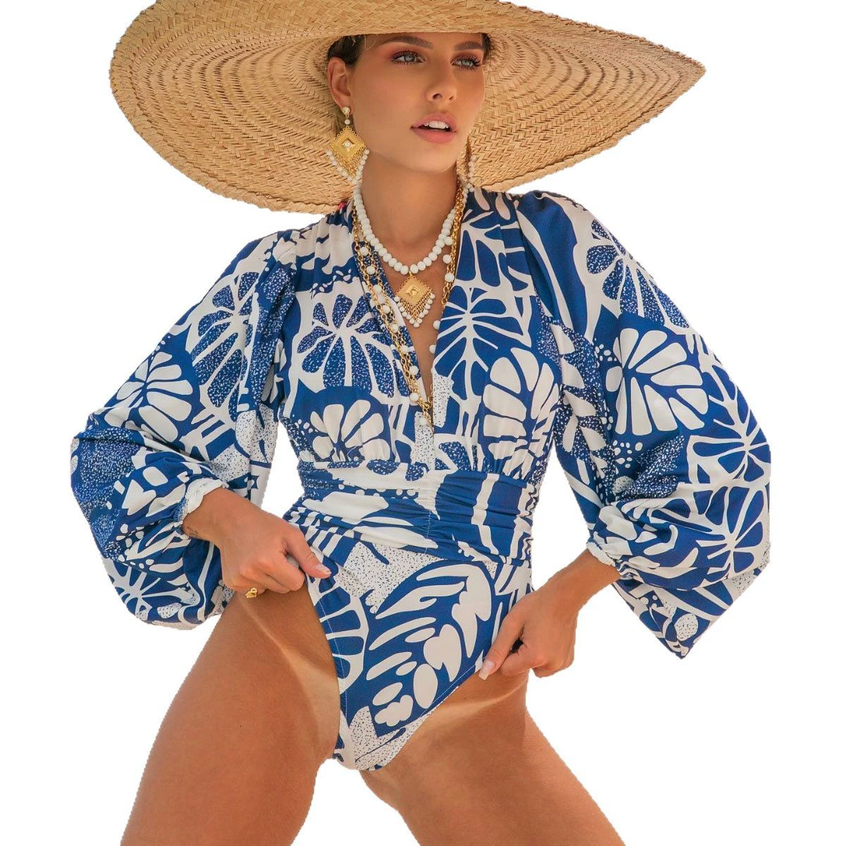 Long Sleeve V-Neck High-Cut One-Piece Swimsuit view 5