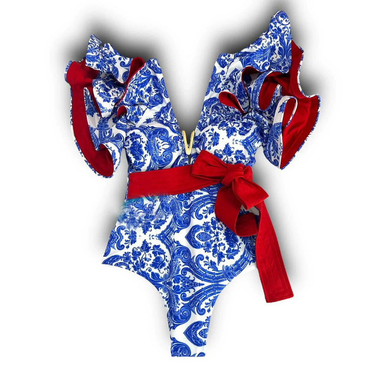 Ruffle High-Waist One-Piece Swimsuit with Waist Tie