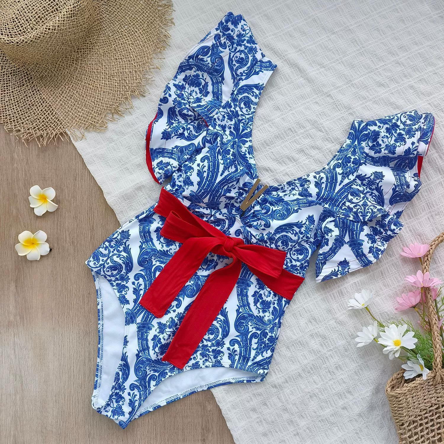 Ruffle High-Waist One-Piece Swimsuit with Waist Tie