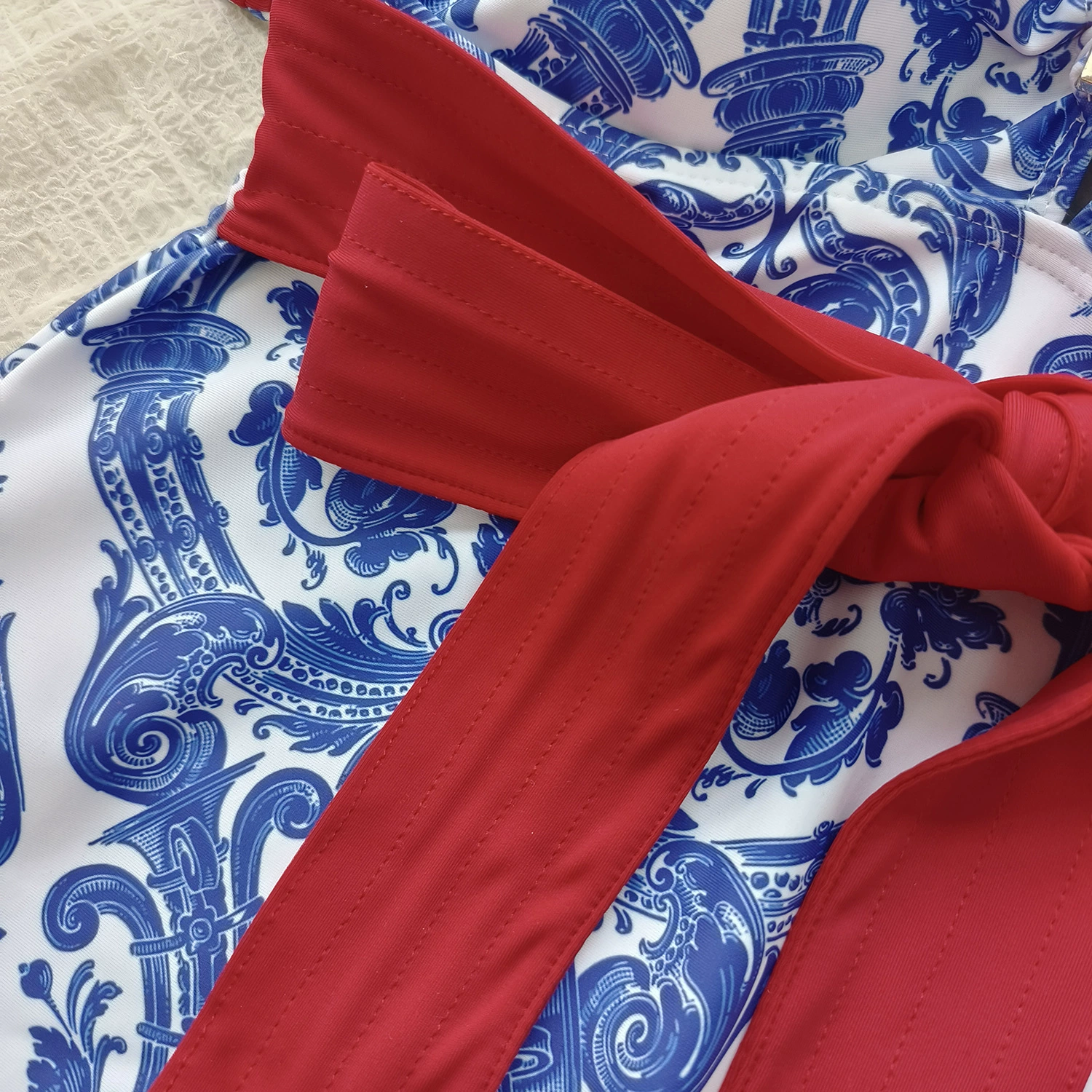 Ruffle High-Waist One-Piece Swimsuit with Waist Tie view 3