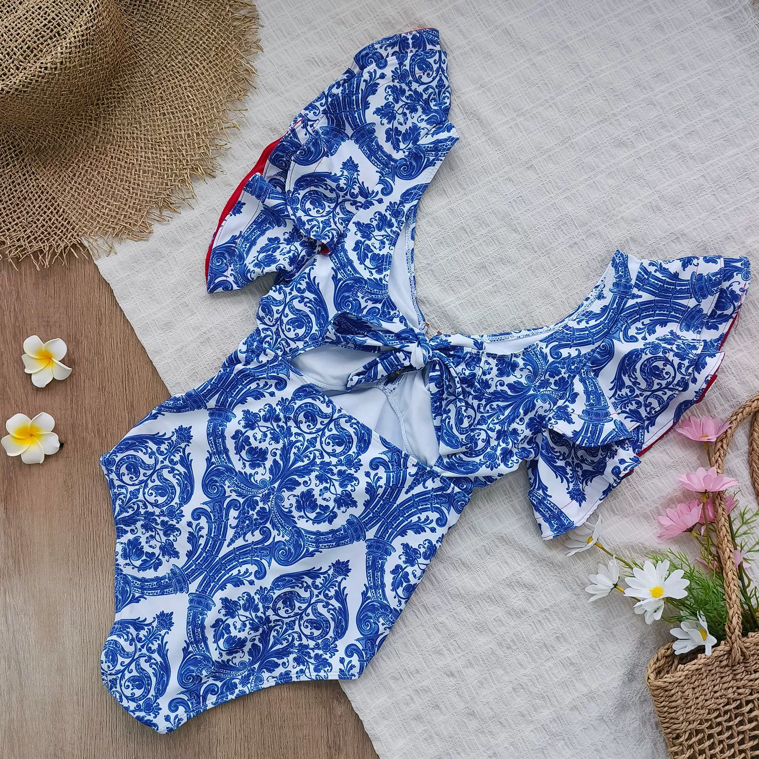 Ruffle High-Waist One-Piece Swimsuit with Waist Tie view 4