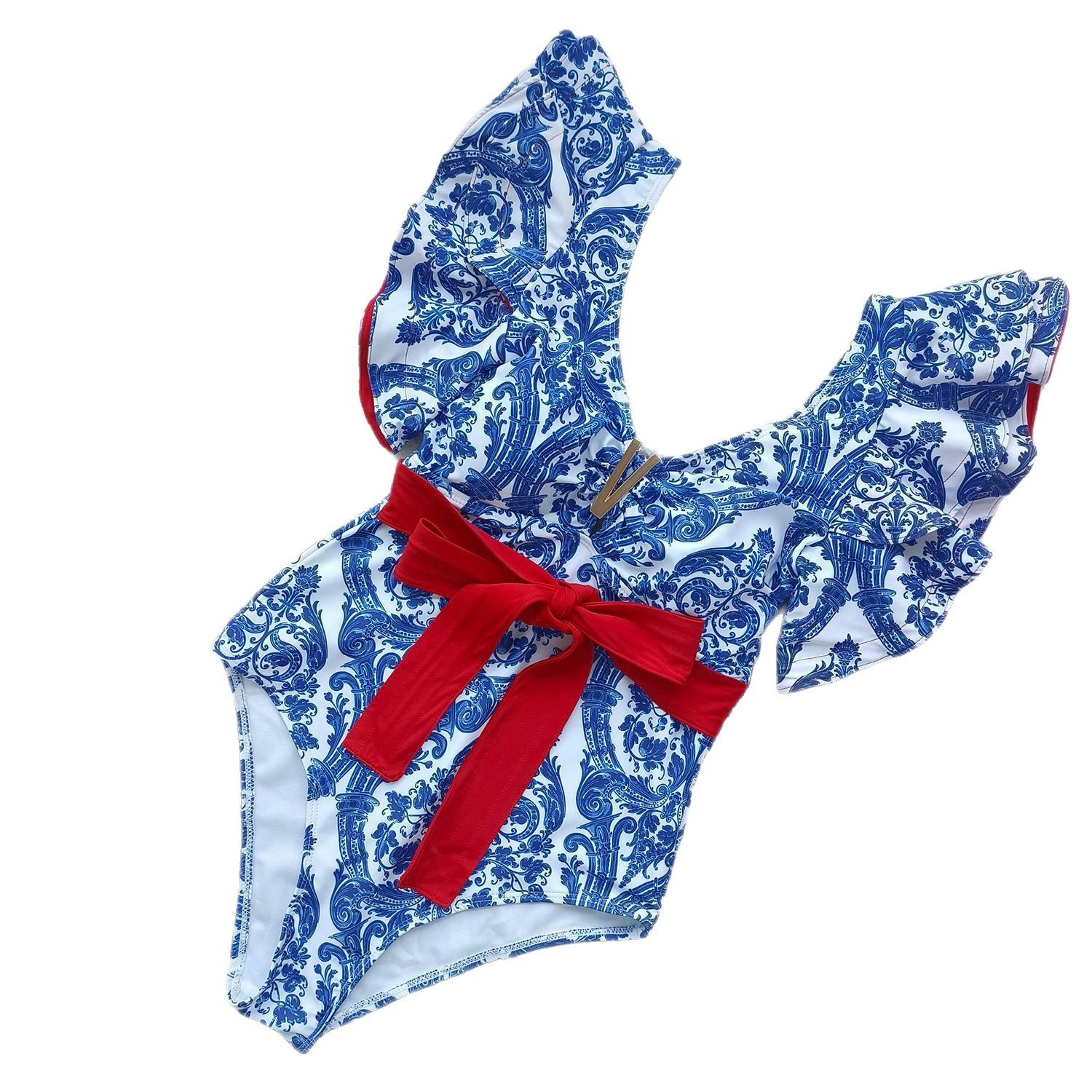 Ruffle High-Waist One-Piece Swimsuit with Waist Tie view 5