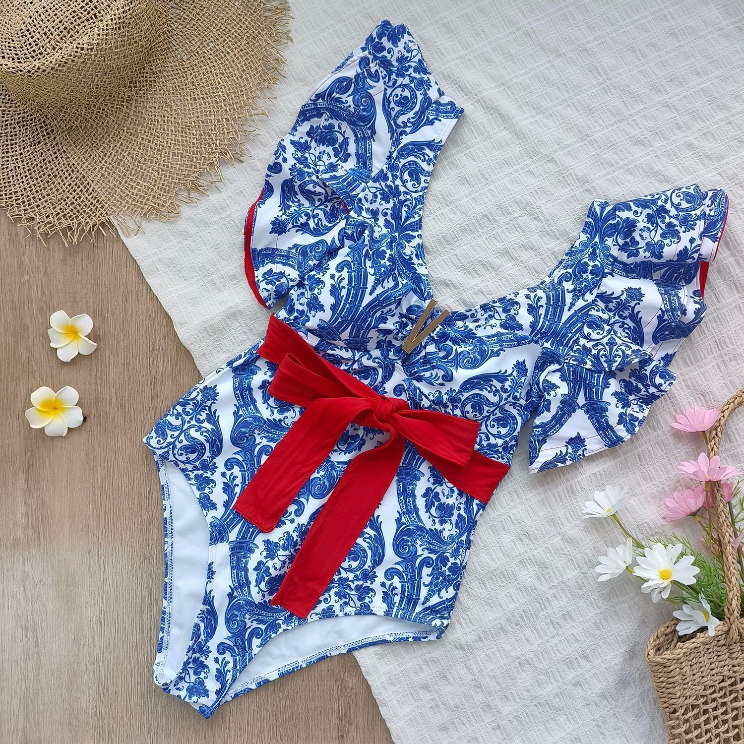 Blue and White Printed Red Waistband