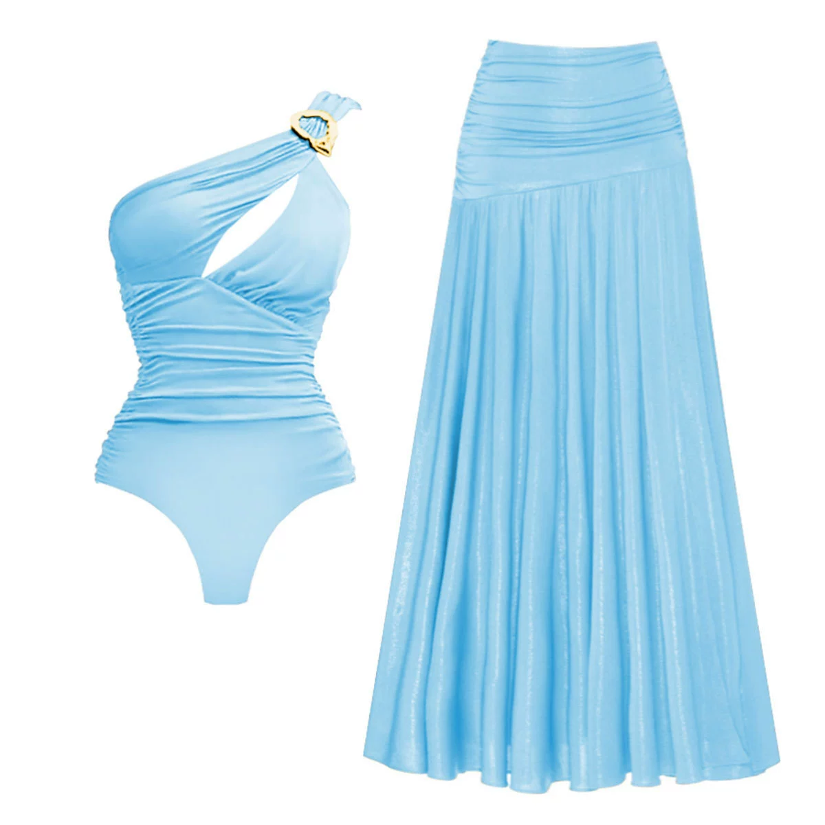 One-Shoulder Cutout Swimsuit with Maxi Skirt Set