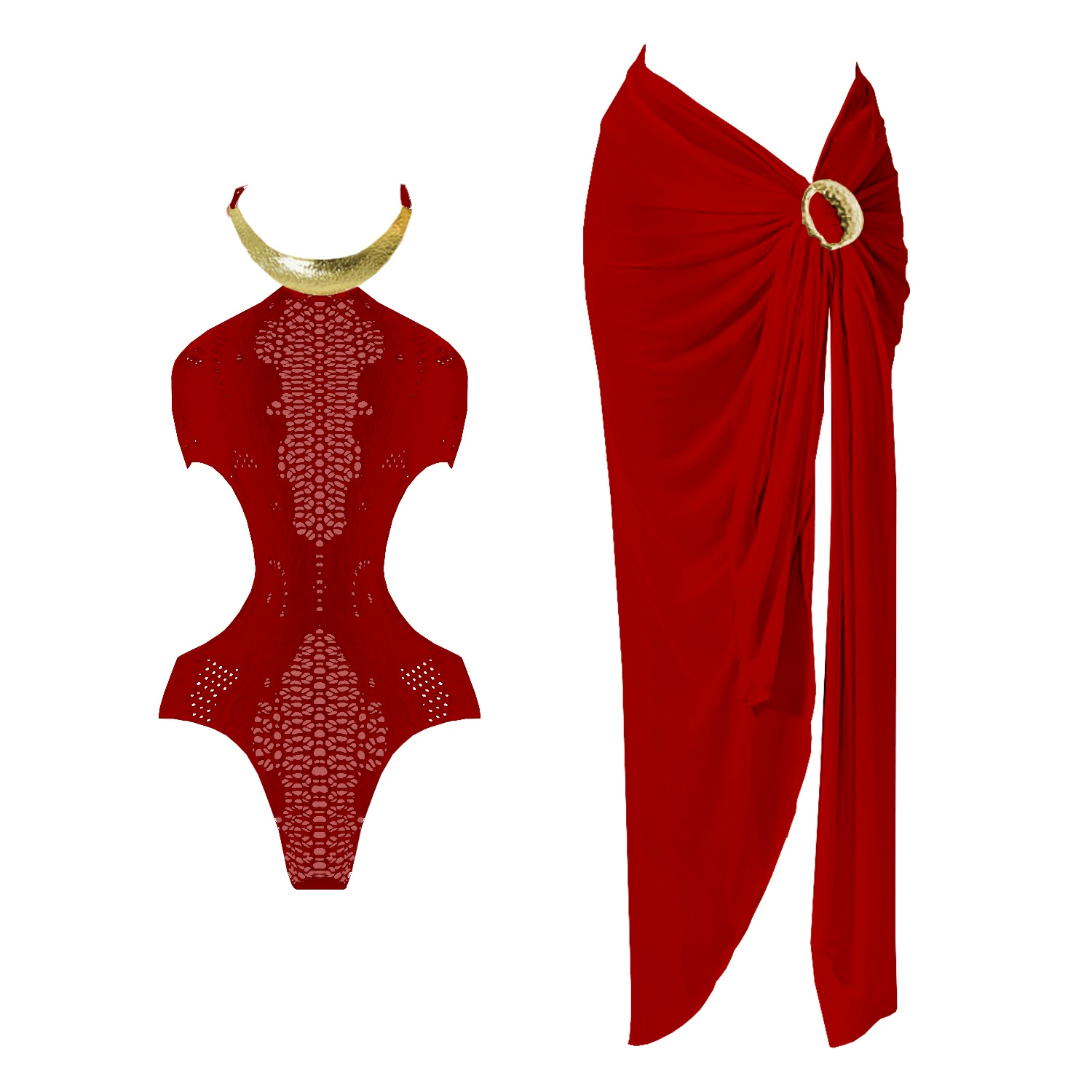 Halter Neck Backless One-Piece Swimsuit with Metal Ring and Sarong Set