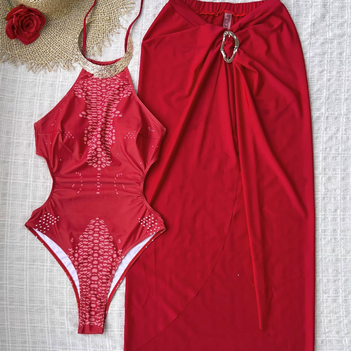 Halter Neck Backless One-Piece Swimsuit with Metal Ring and Sarong Set view 4