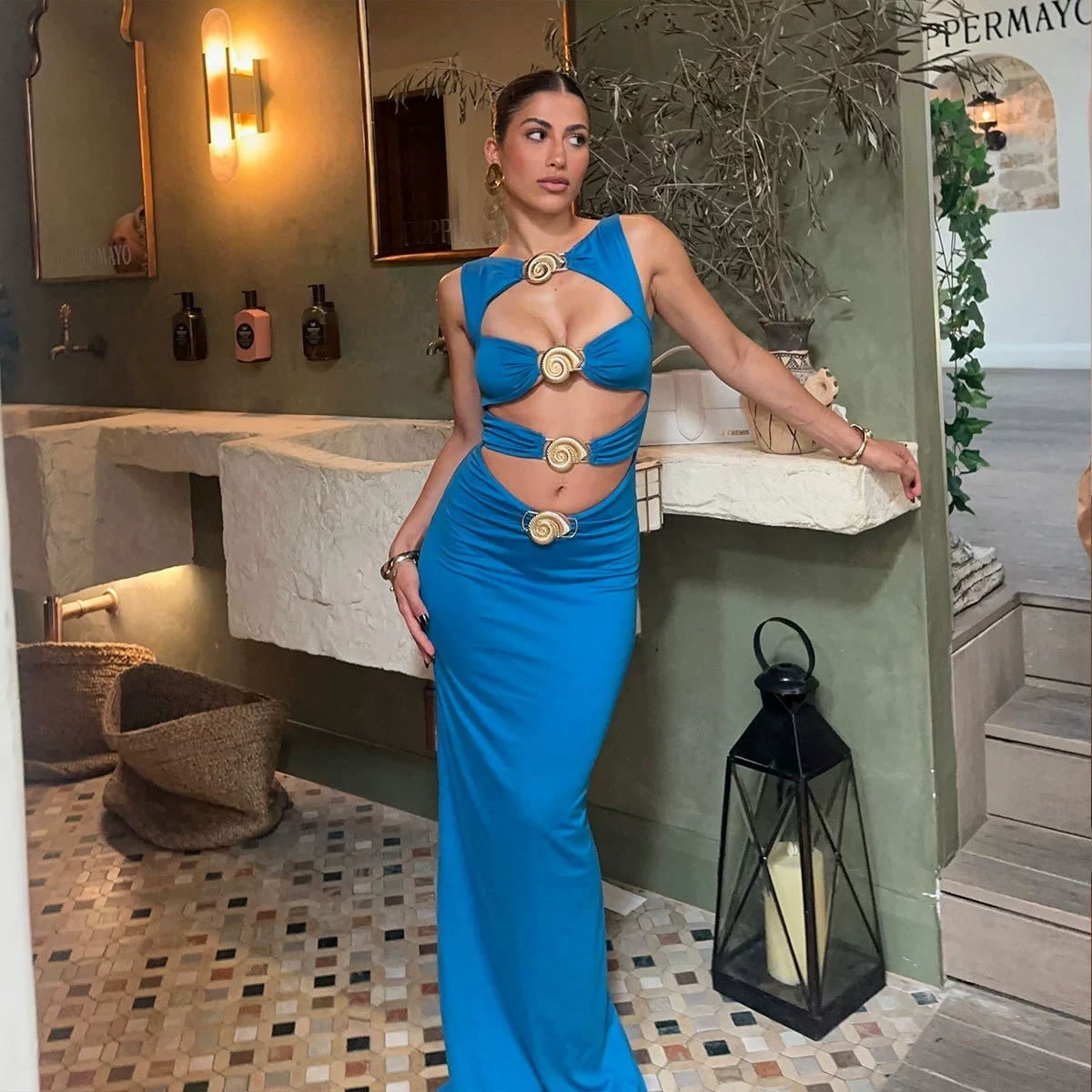 Cutout One-Piece Swimsuit with Shell Accents and Matching Skirt