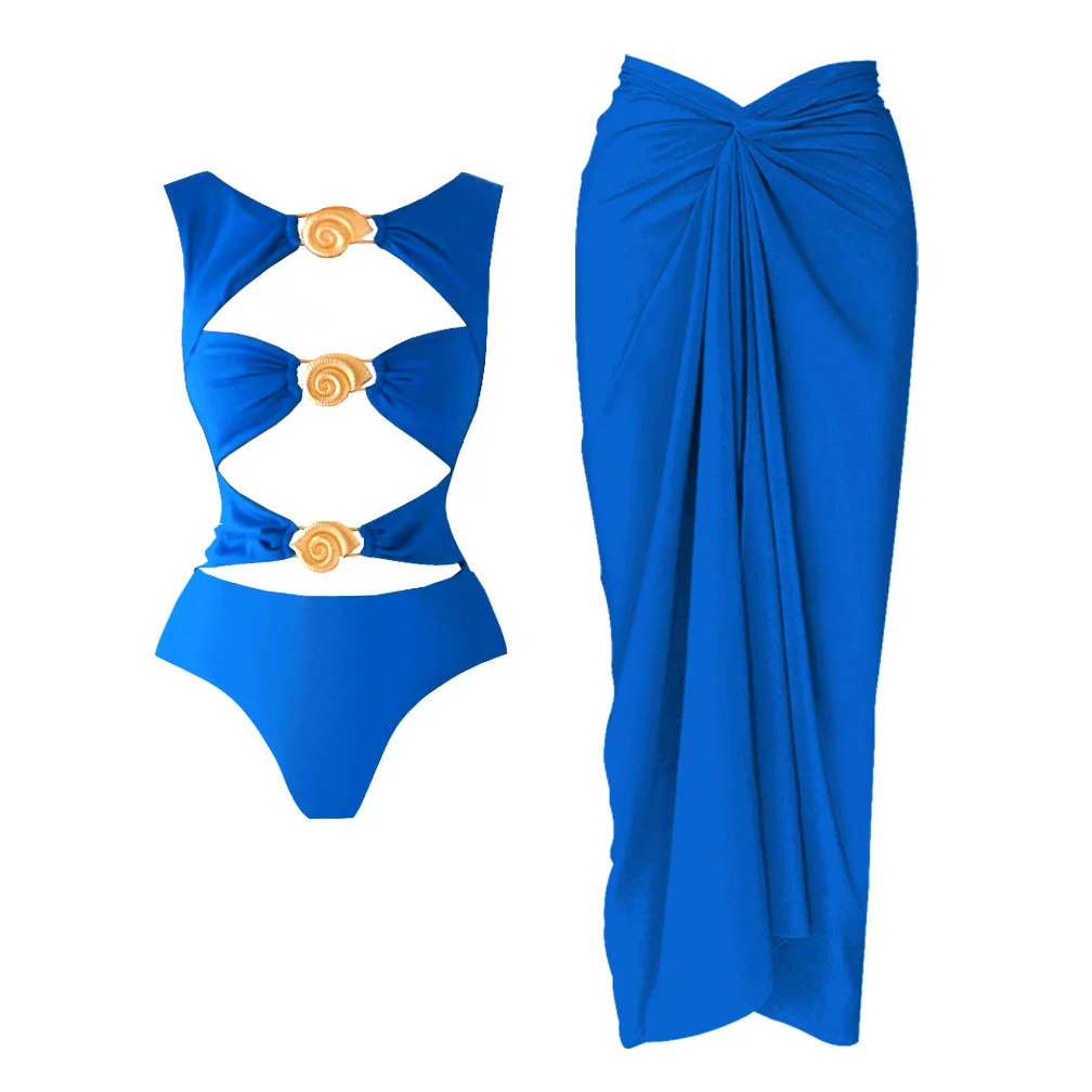 Cutout One-Piece Swimsuit with Shell Accents and Matching Skirt