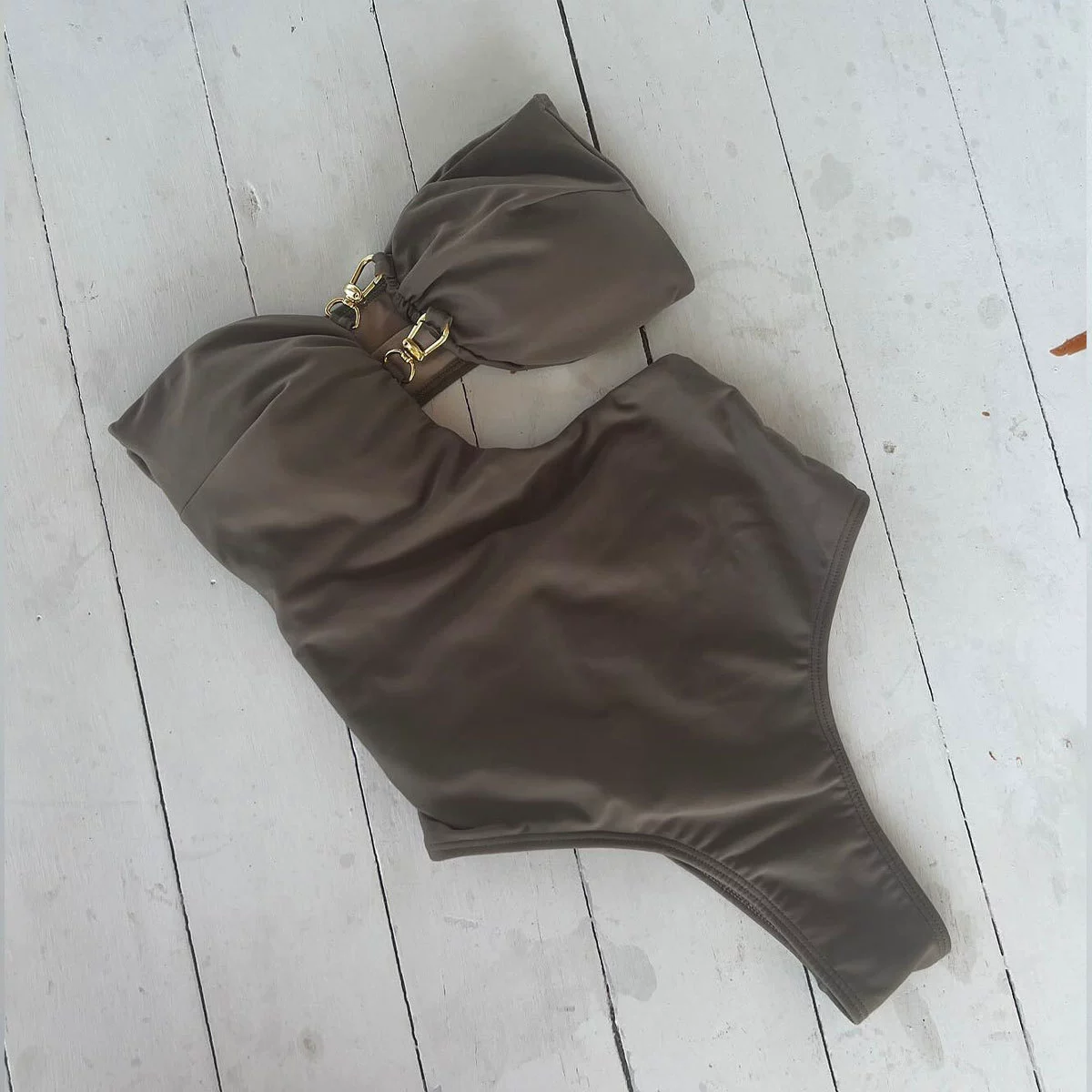 Asymmetric Cutout One-Piece Swimsuit with Adjustable Straps and Metal Clasp