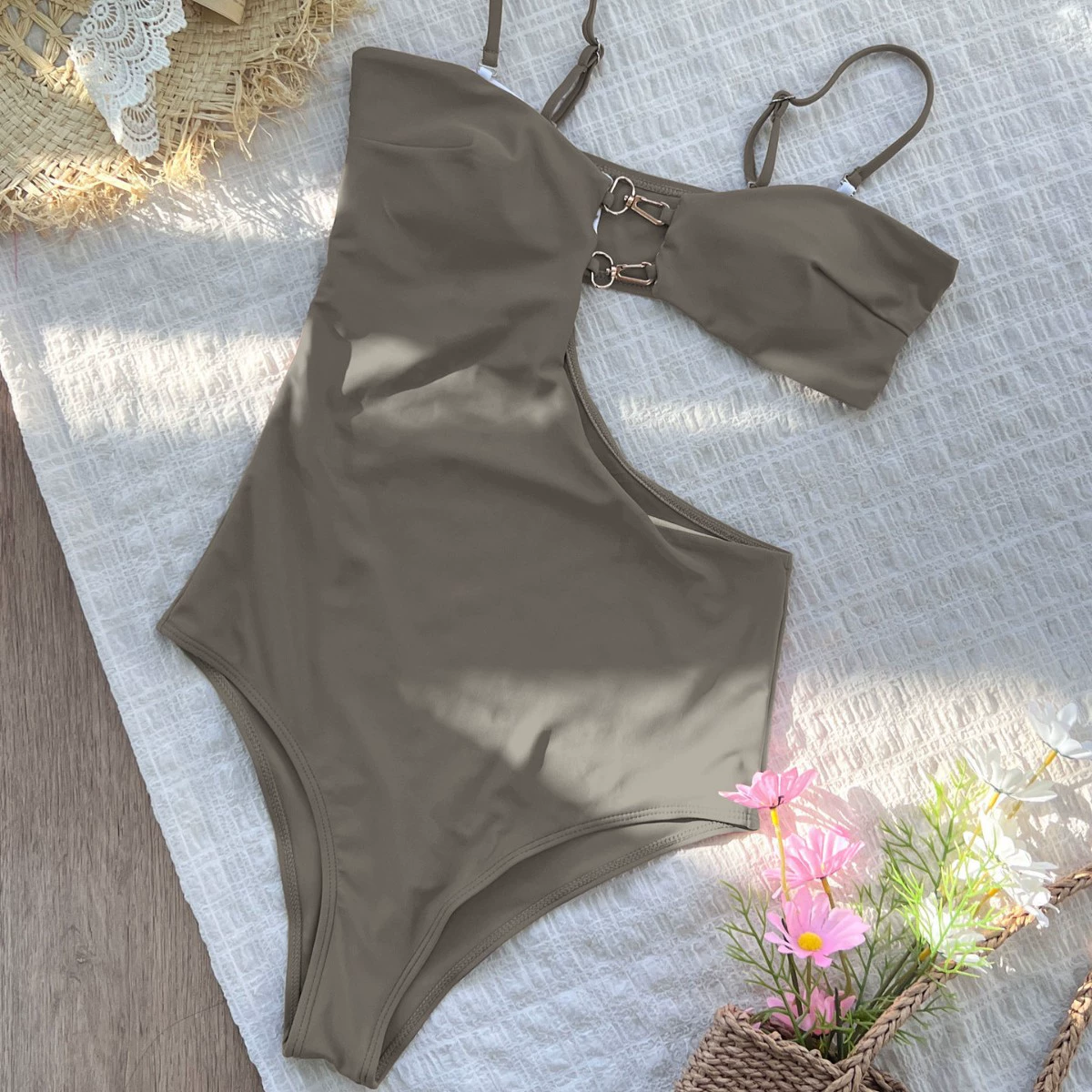 Asymmetric Cutout One-Piece Swimsuit with Adjustable Straps and Metal Clasp