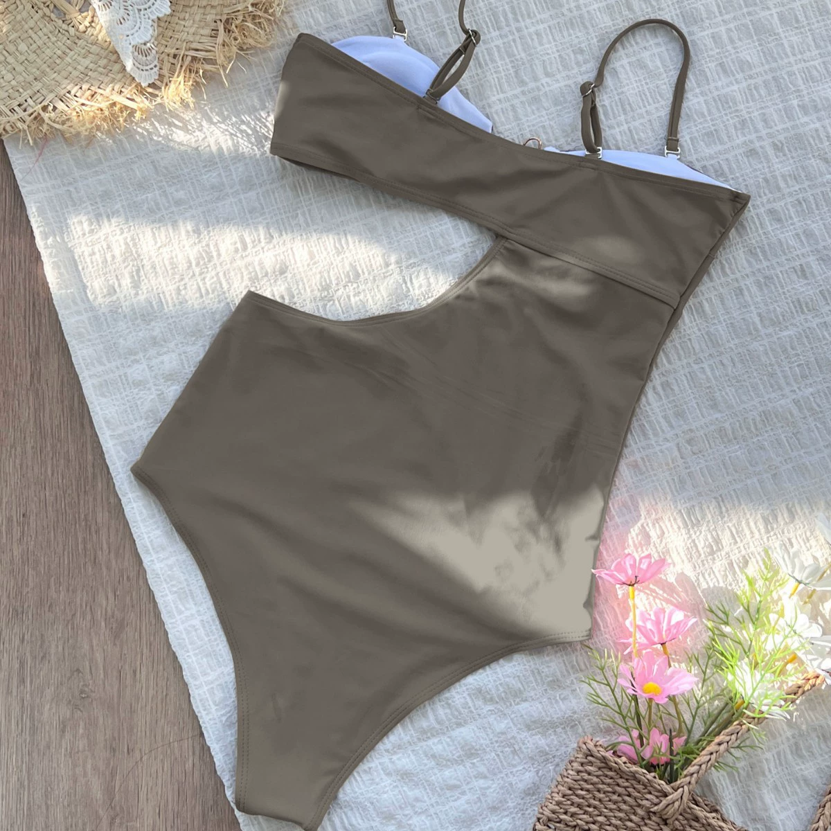 Asymmetric Cutout One-Piece Swimsuit with Adjustable Straps and Metal Clasp view 3