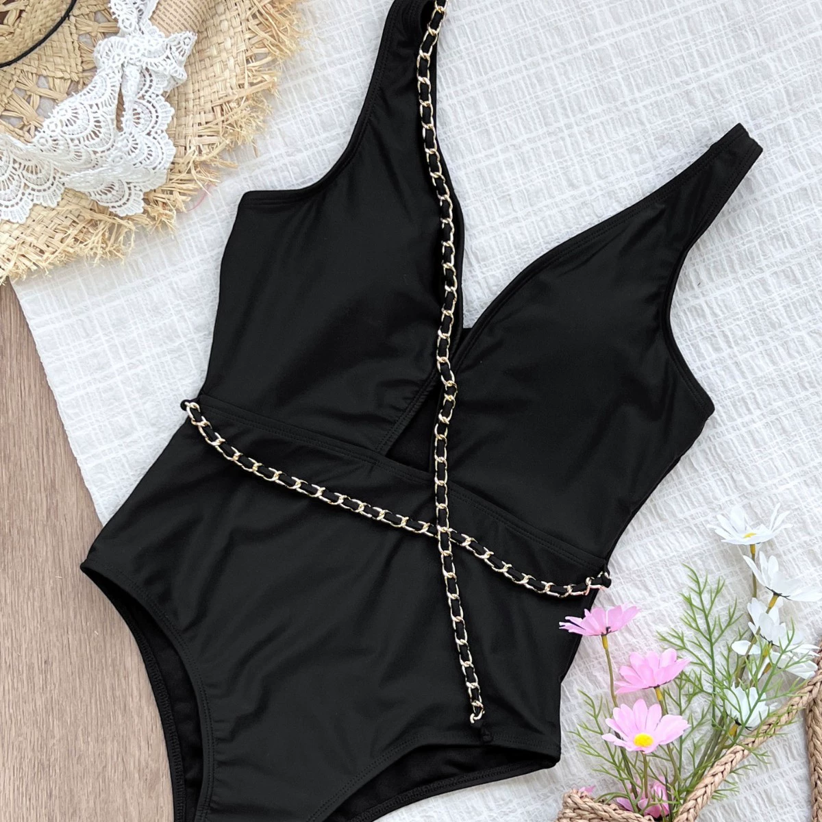 Chain-Detail Plunge Cutout One-Piece Swimsuit view 3
