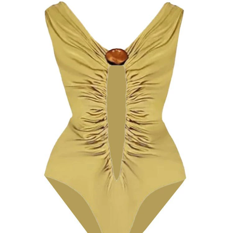 Deep V-Neck Ruched One-Piece Swimsuit with Ring Detail