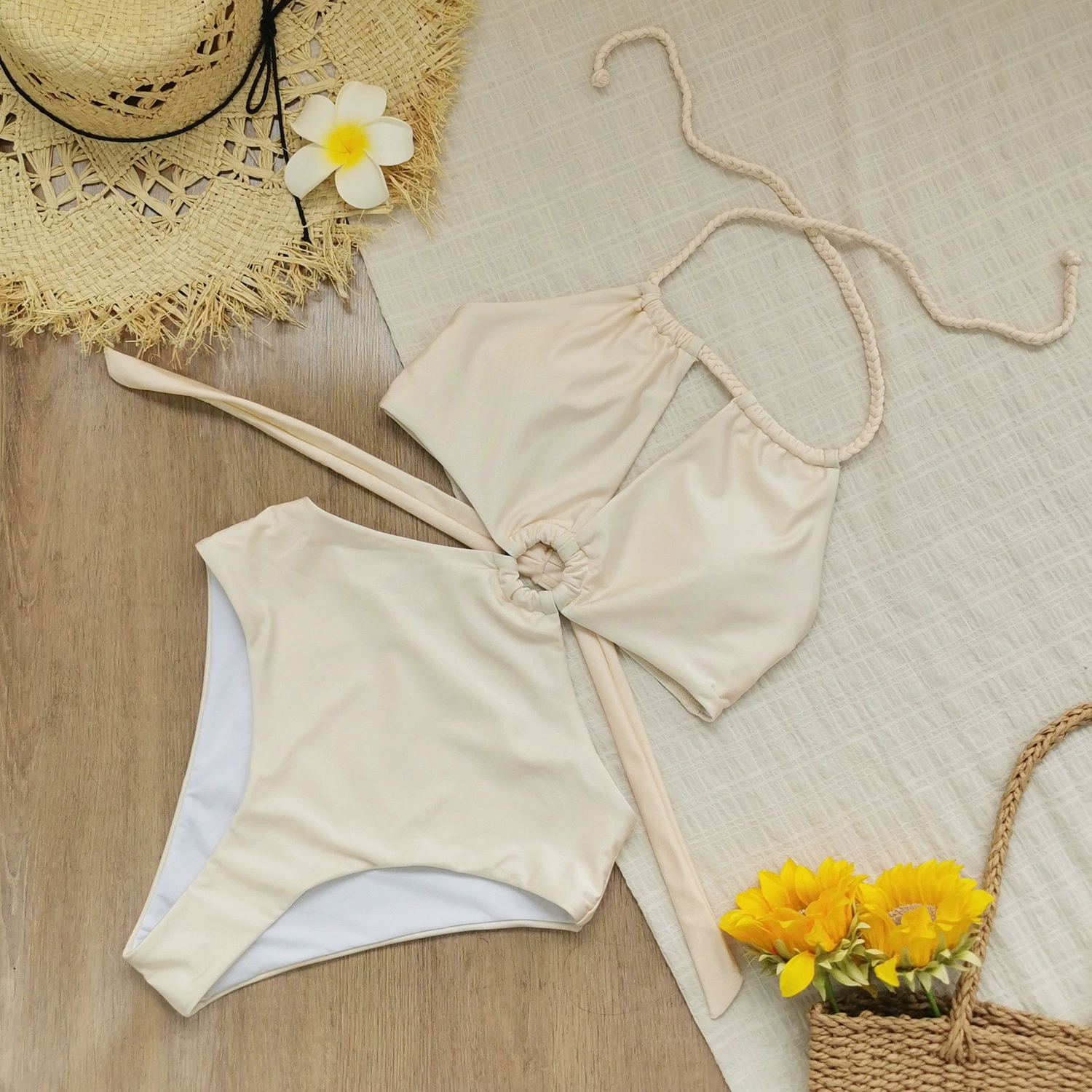 Halter Neck Cutout One-Piece Swimsuit with Ring