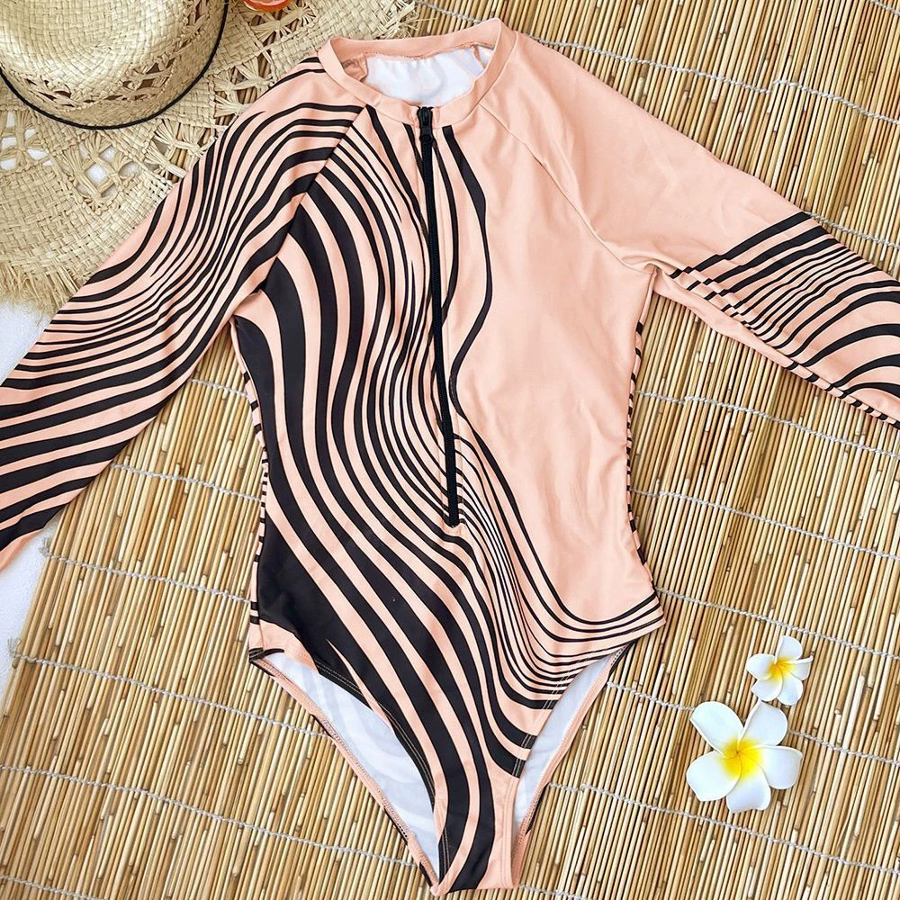 Long Sleeve High Neck One Piece Swimsuit with Front Zipper