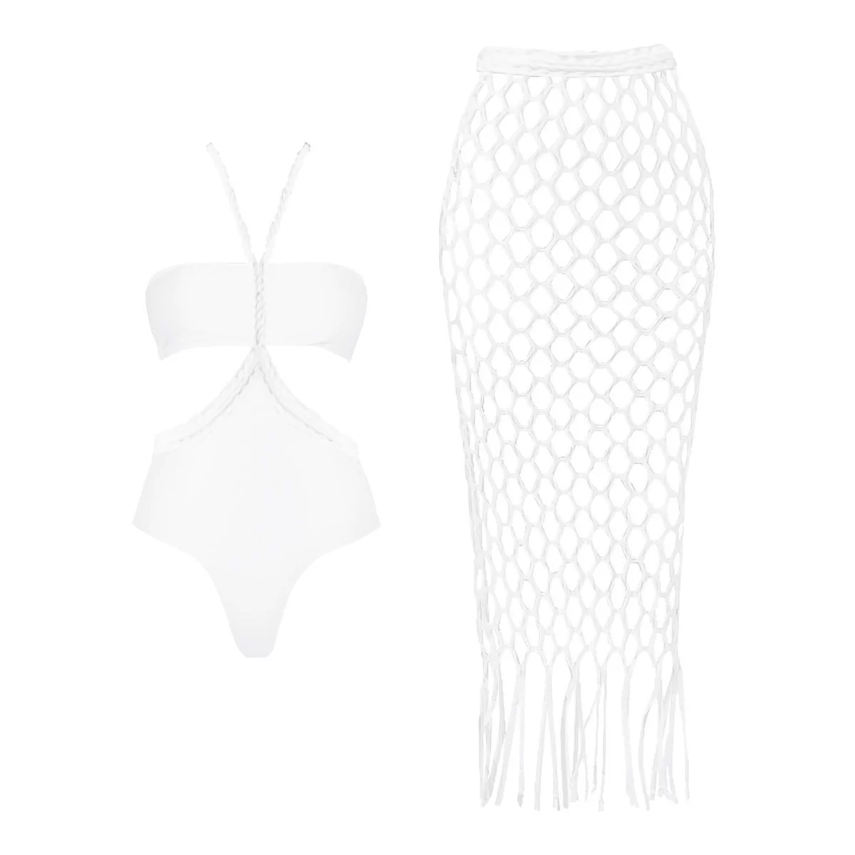 Cutout Halter One-Piece Swimsuit with Fringed Skirt