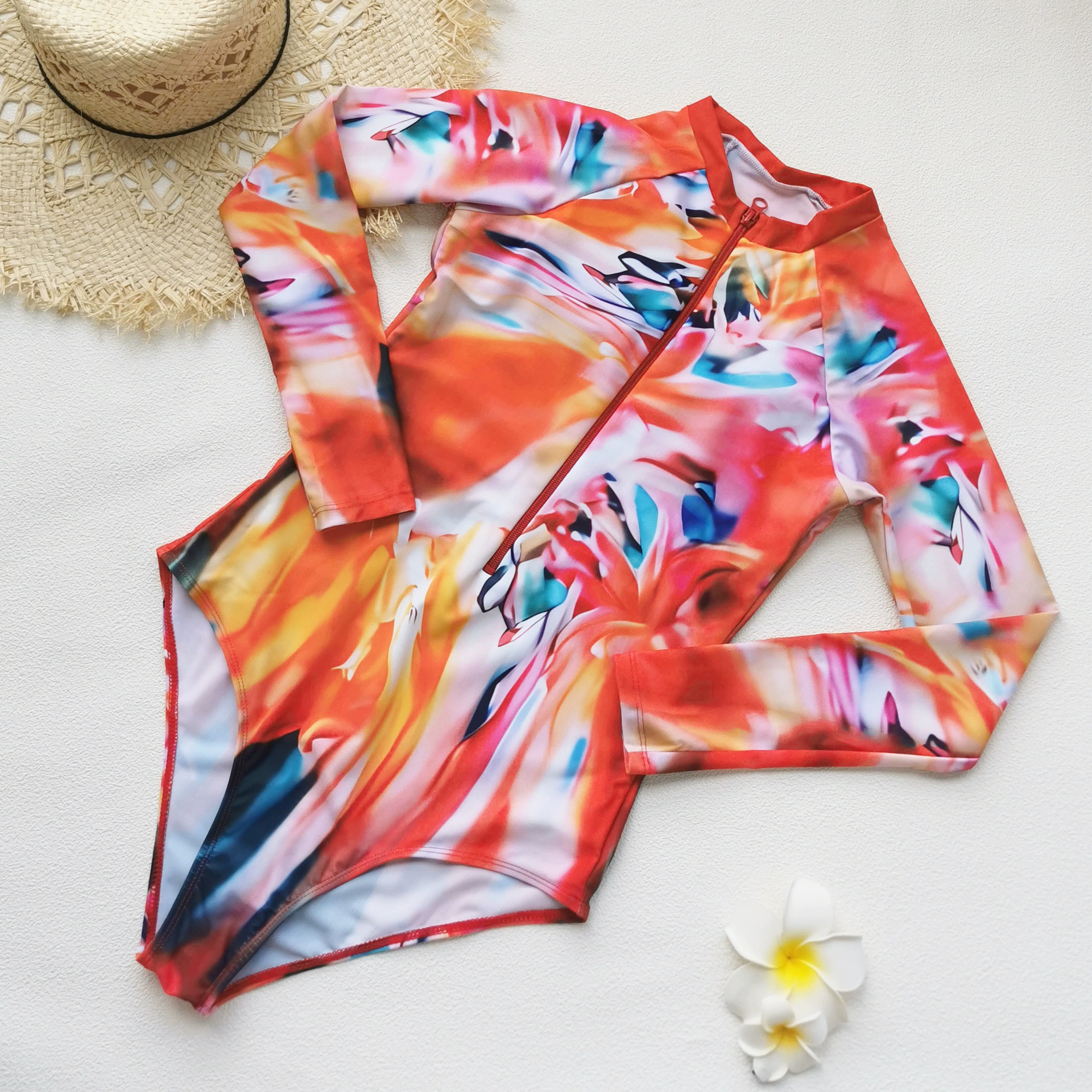 Long Sleeve Zip Front One Piece Swimsuit
