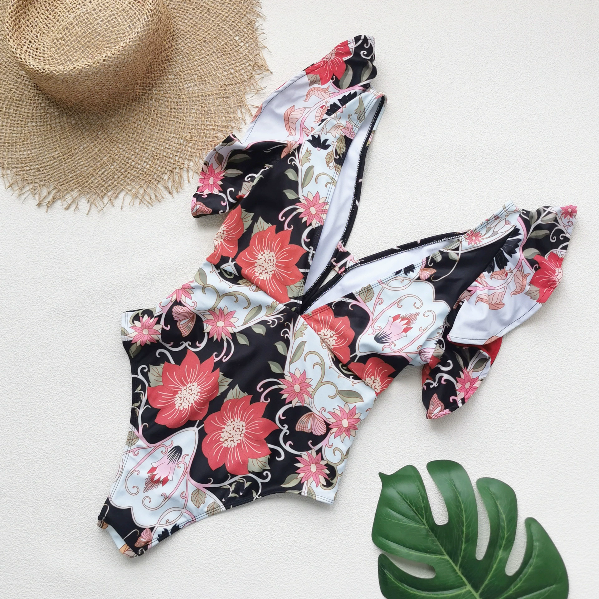 V-Neck Ruffle Sleeve One-Piece Swimsuit with Waist Tie and Back Zipper