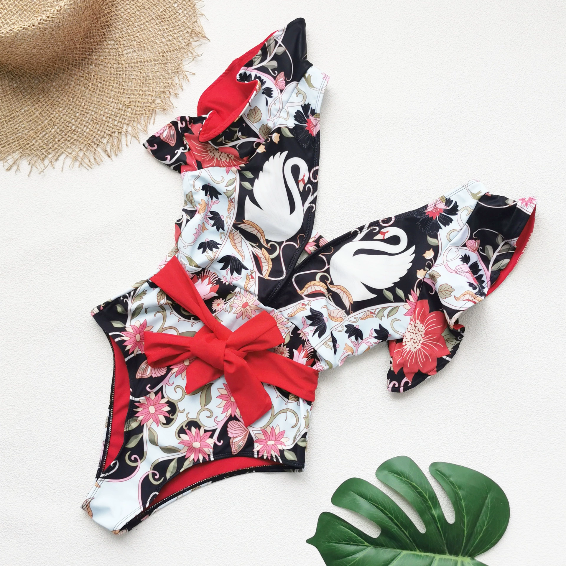 V-Neck Ruffle Sleeve One-Piece Swimsuit with Waist Tie and Back Zipper view 3