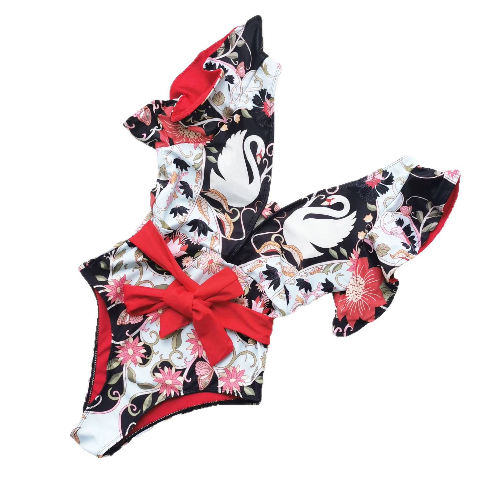 V-Neck Ruffle Sleeve One-Piece Swimsuit with Waist Tie and Back Zipper view 5