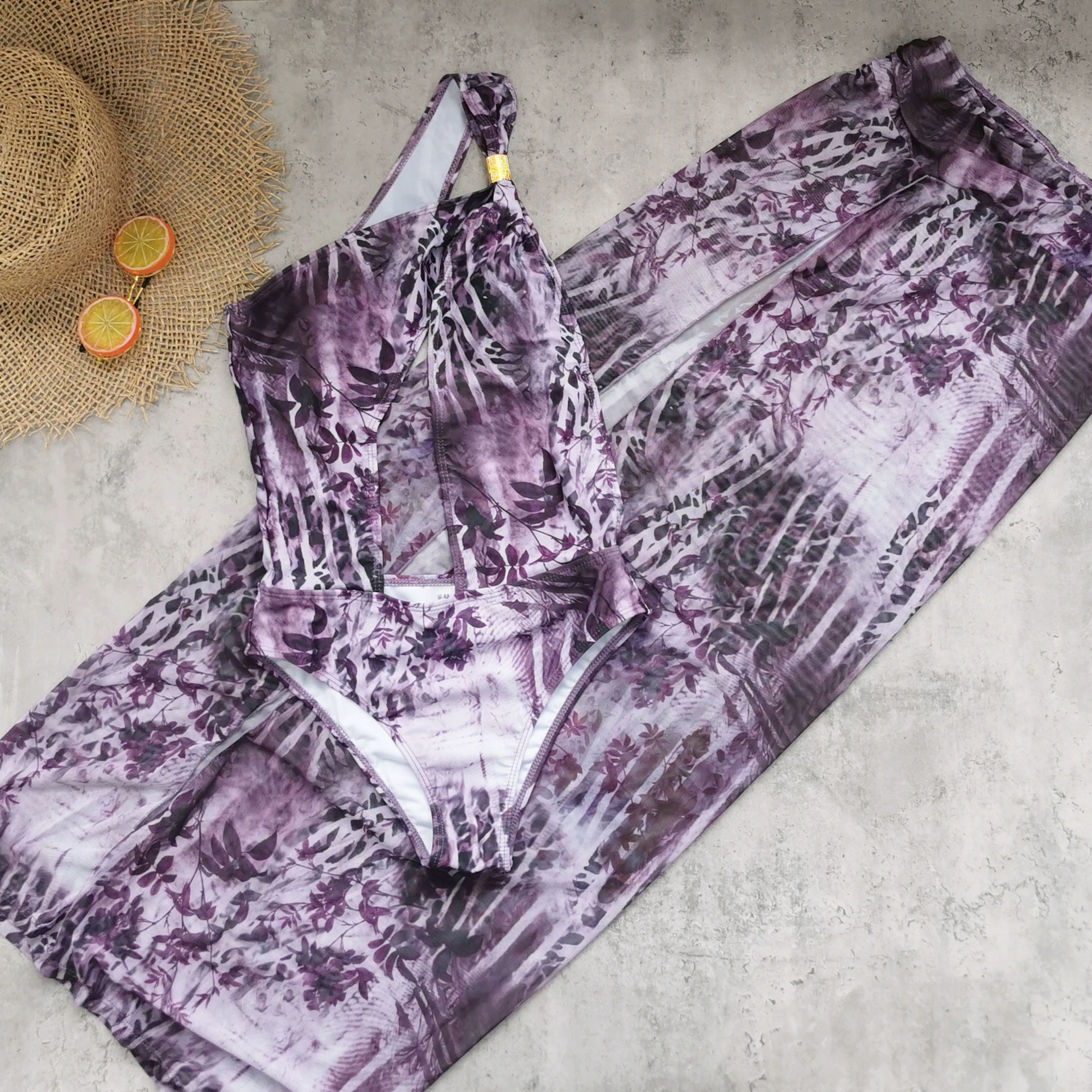 One-Shoulder Cutout One-Piece Swimsuit with Matching Skirt