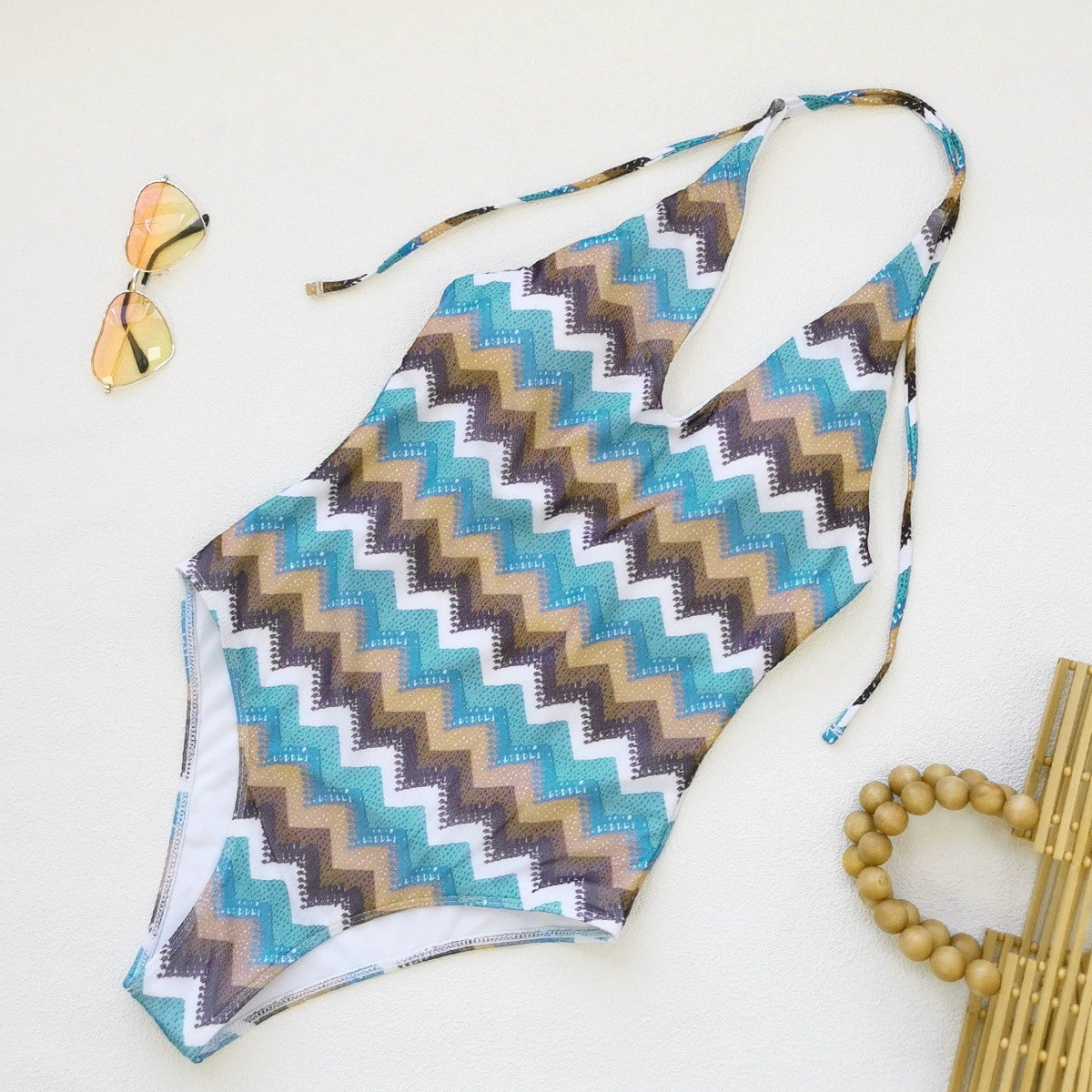 Halter Neck Plunge One-Piece Swimsuit with Self-Tie Back view 3
