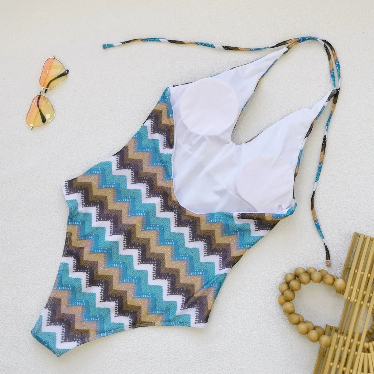 Halter Neck Plunge One-Piece Swimsuit with Self-Tie Back view 4