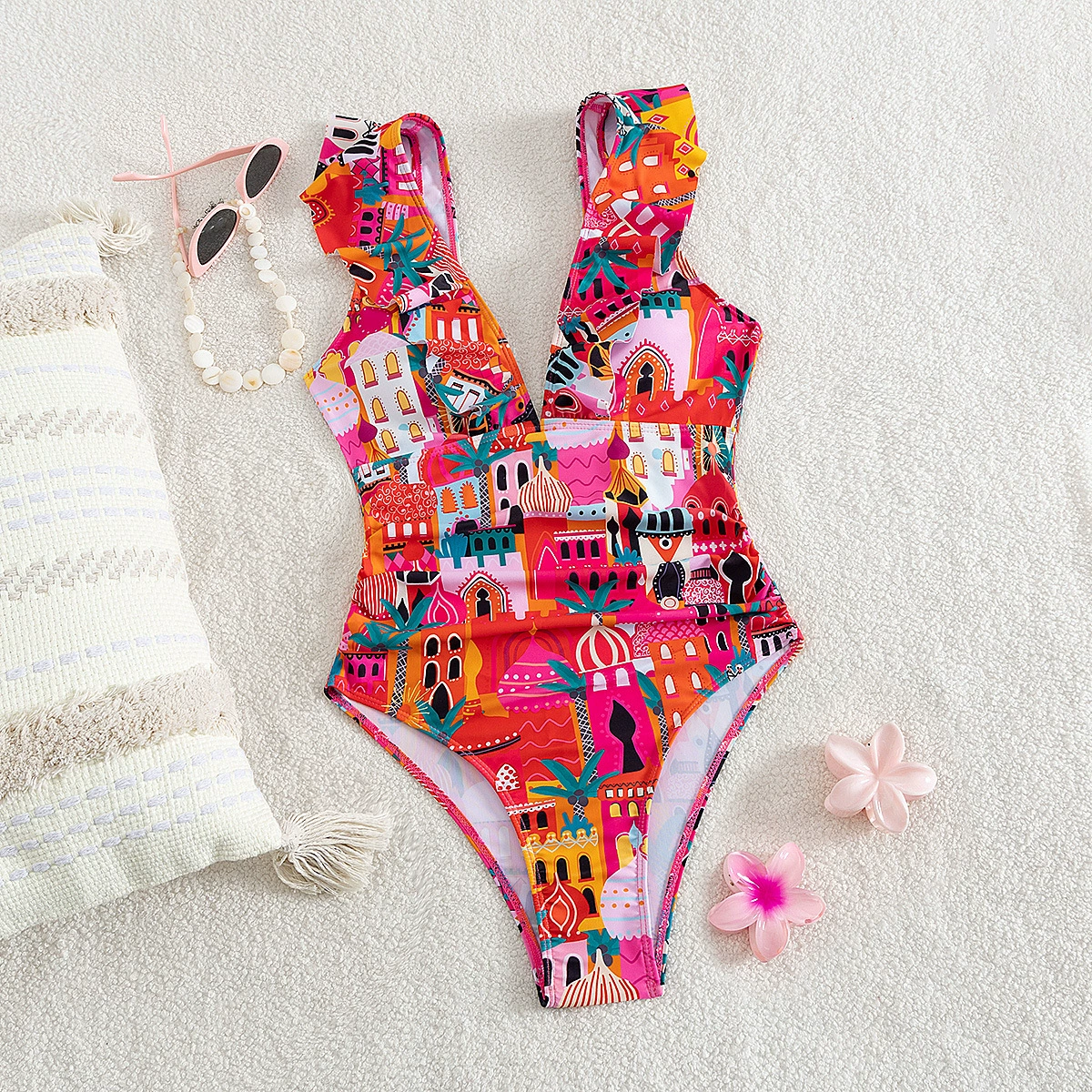 V-Neck Ruffle One-Piece Swimsuit with Lace-Up Back view 3