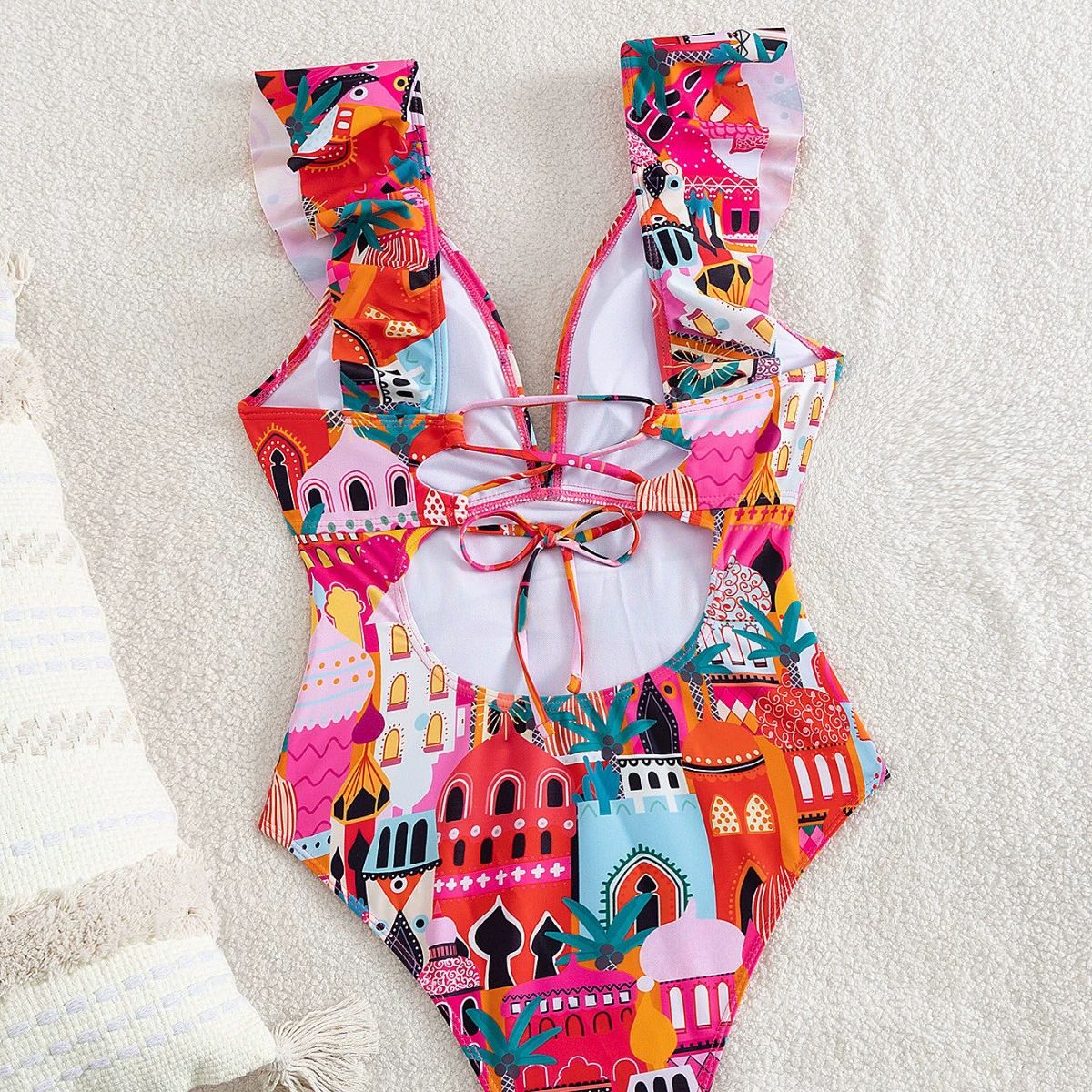 V-Neck Ruffle One-Piece Swimsuit with Lace-Up Back view 4