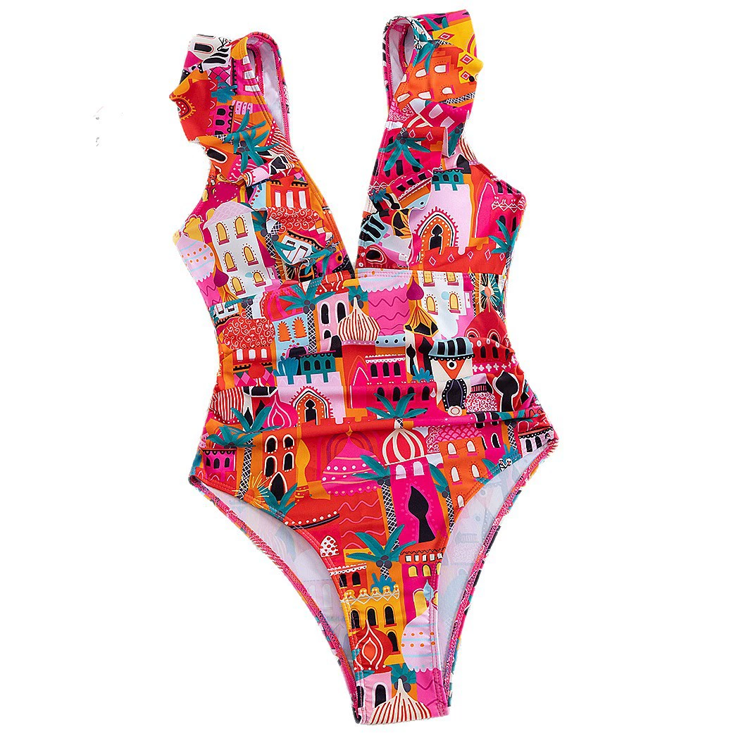V-Neck Ruffle One-Piece Swimsuit with Lace-Up Back view 5
