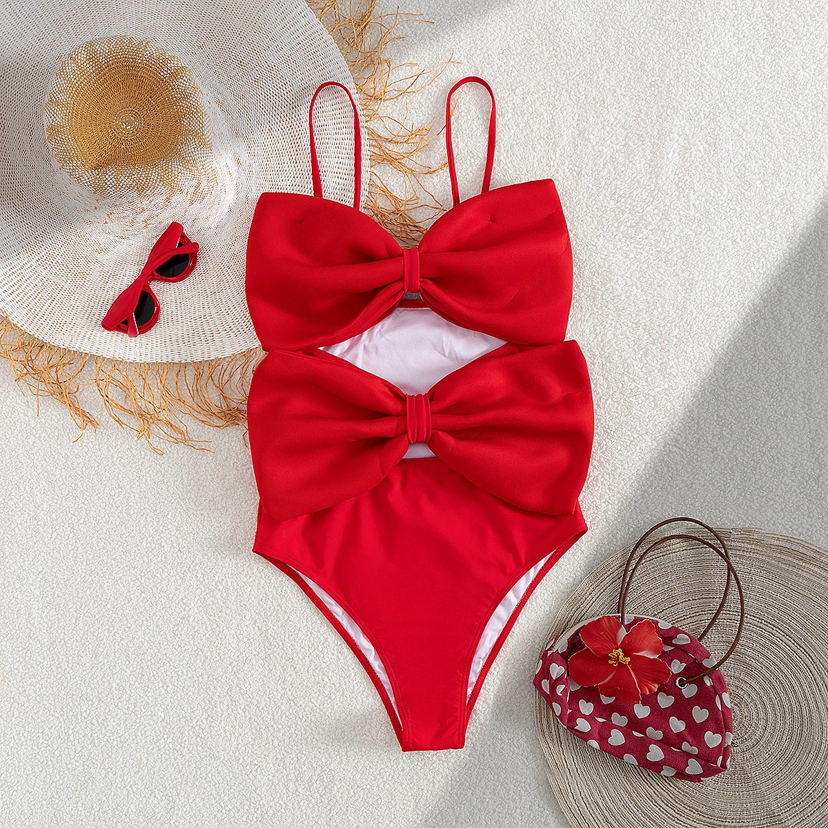 Bow Front Cutout One-Piece Swimsuit with Adjustable Straps