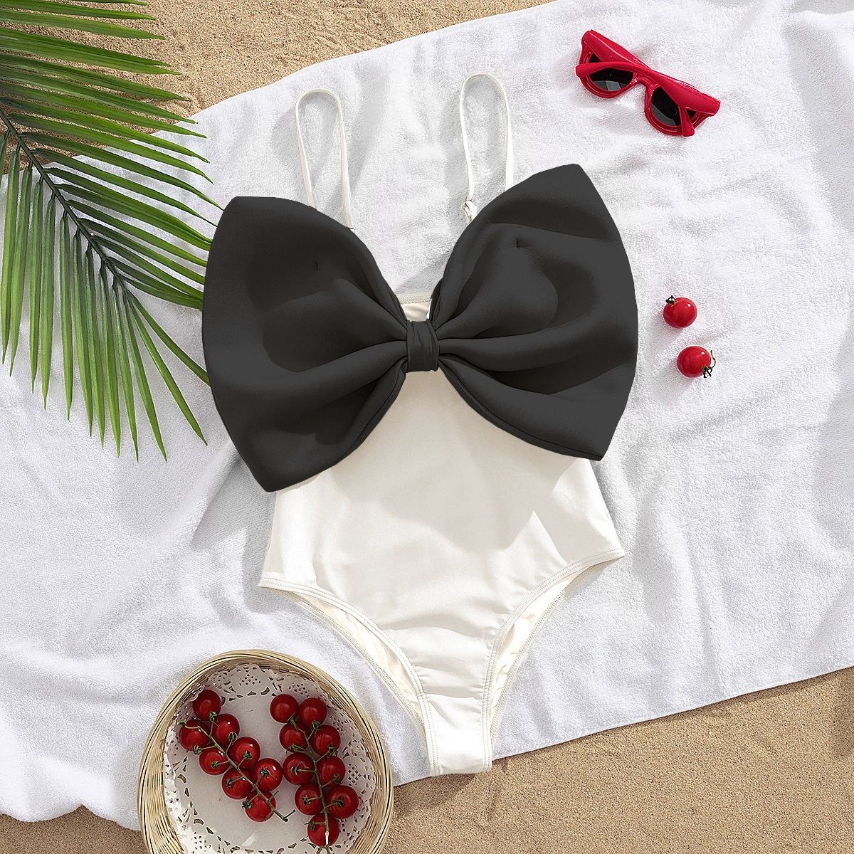 Bow Front One-Piece Swimsuit with Spaghetti Straps and High-Cut Legs