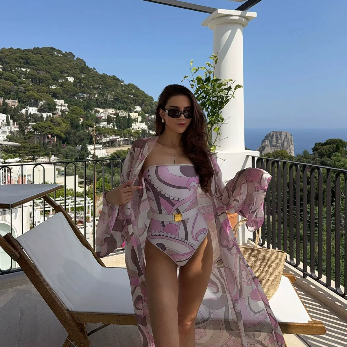 Strapless Belted One-Piece Swimsuit and Cover-Up Set