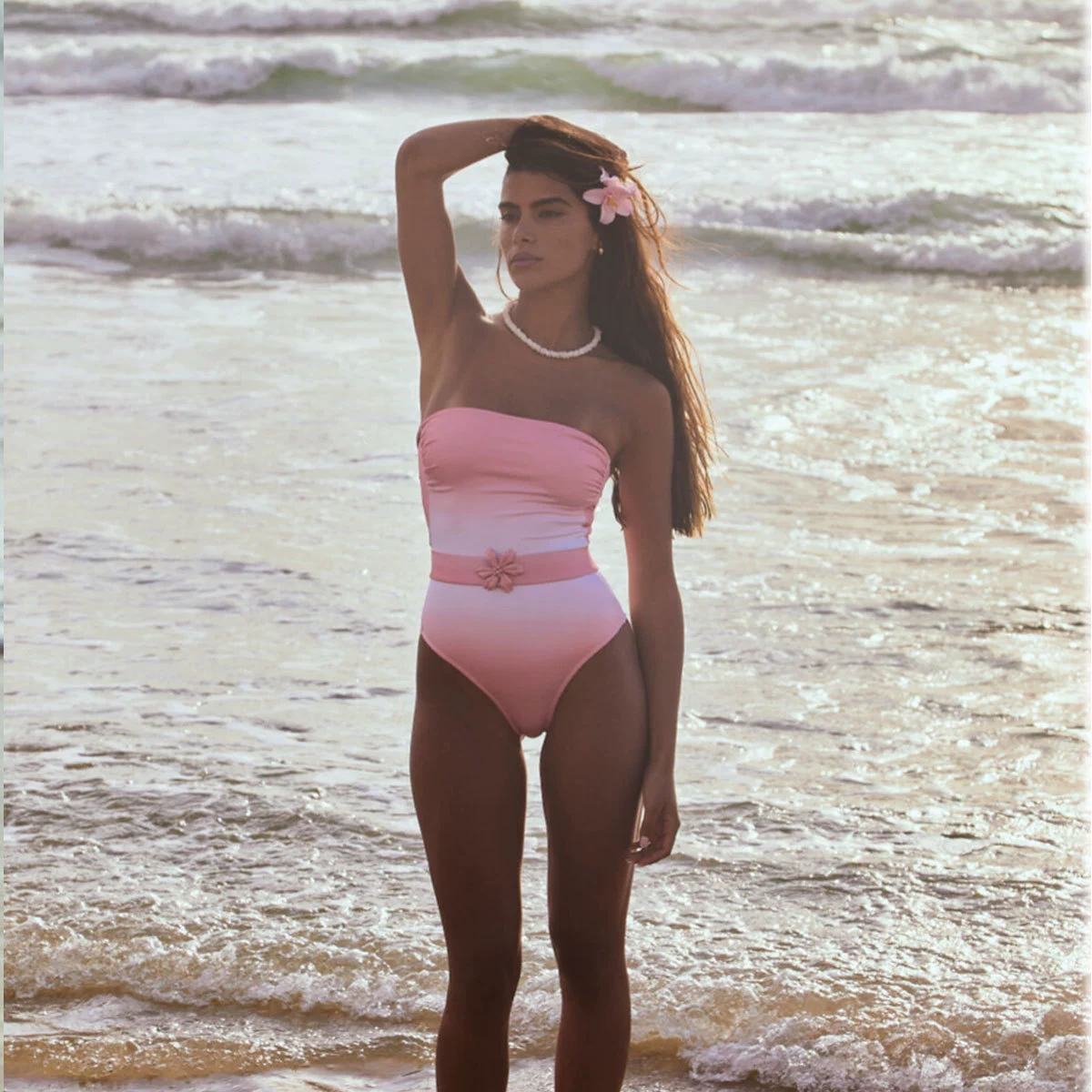 Ruched Strapless One-Piece Swimsuit with Belt and Open Back