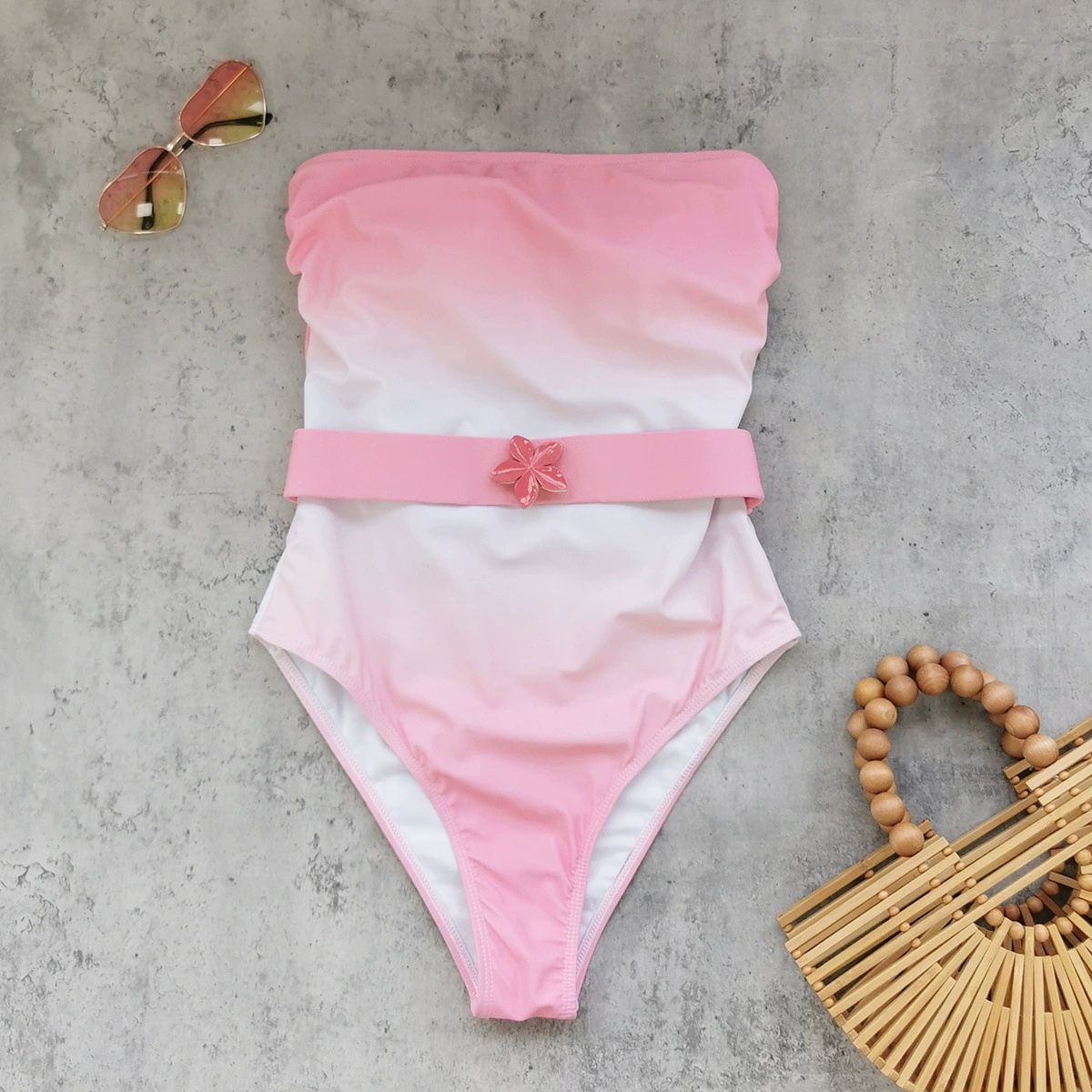 Ruched Strapless One-Piece Swimsuit with Belt and Open Back view 3