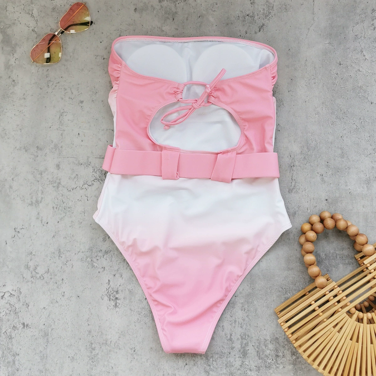 Ruched Strapless One-Piece Swimsuit with Belt and Open Back view 4