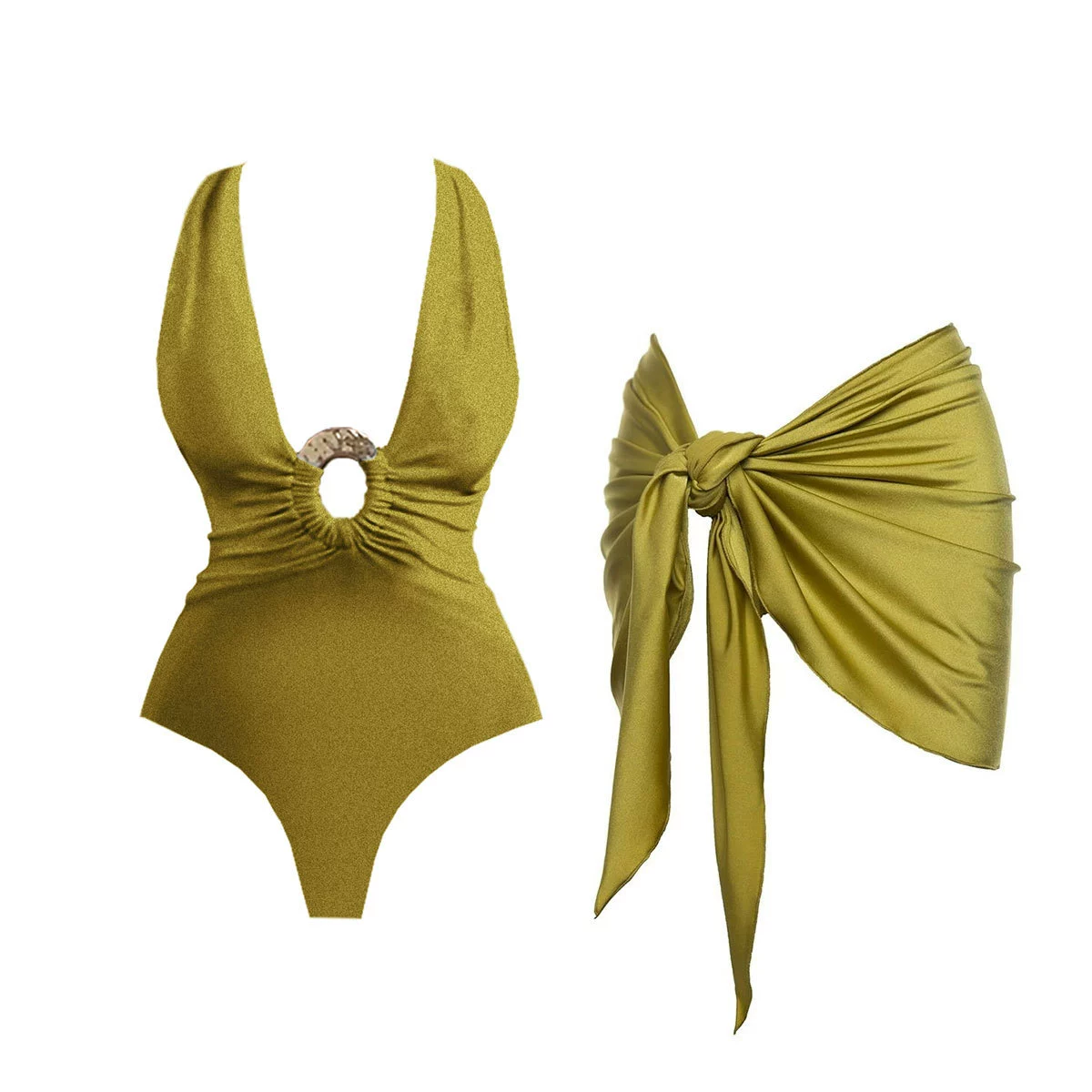 One-Piece Swimsuit with O-Ring and Wrap Skirt