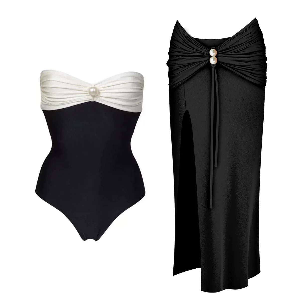 One-Piece Swimsuit and Slit Skirt Set with Pearl Embellishments