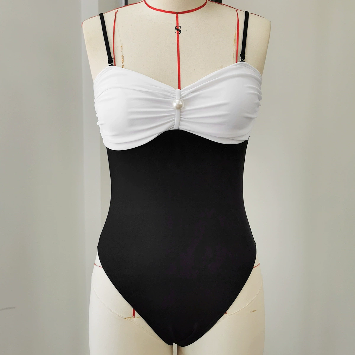 One-Piece Swimsuit and Slit Skirt Set with Pearl Embellishments