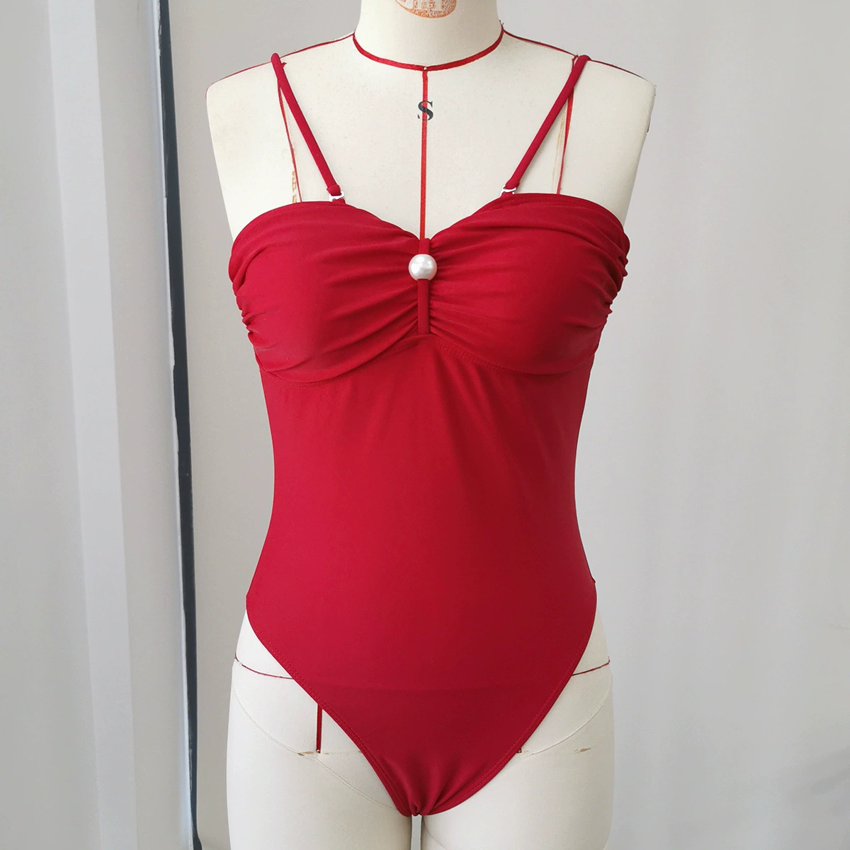 One-Piece Swimsuit and Slit Skirt Set with Pearl Embellishments view 3