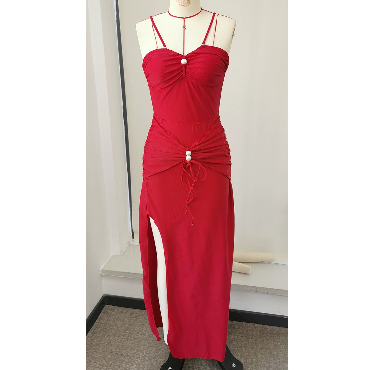 One-Piece Swimsuit and Slit Skirt Set with Pearl Embellishments view 4