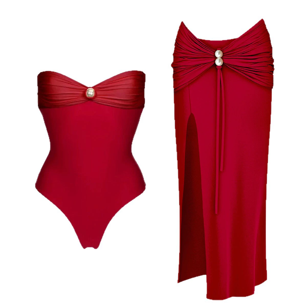 One-Piece Swimsuit and Slit Skirt Set with Pearl Embellishments view 5