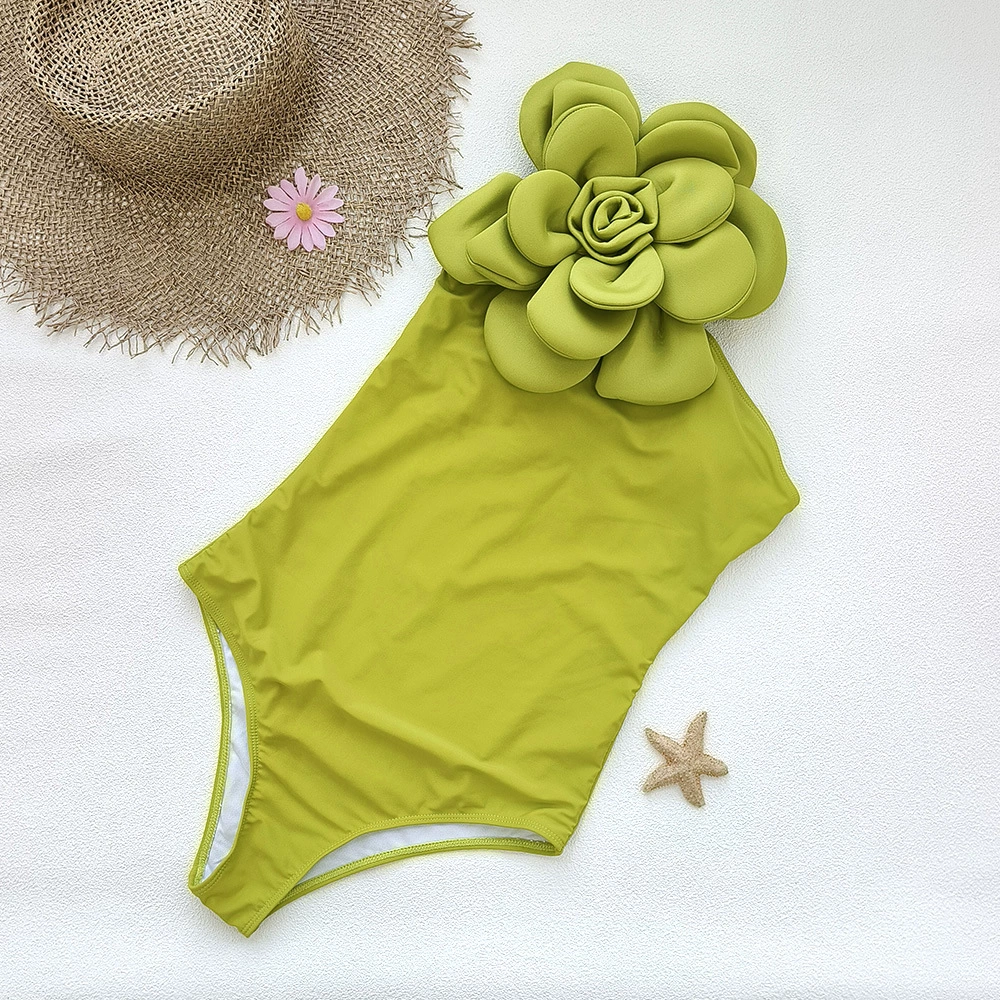 Rosette Appliqué One-Piece Swimsuit with Halter Ties